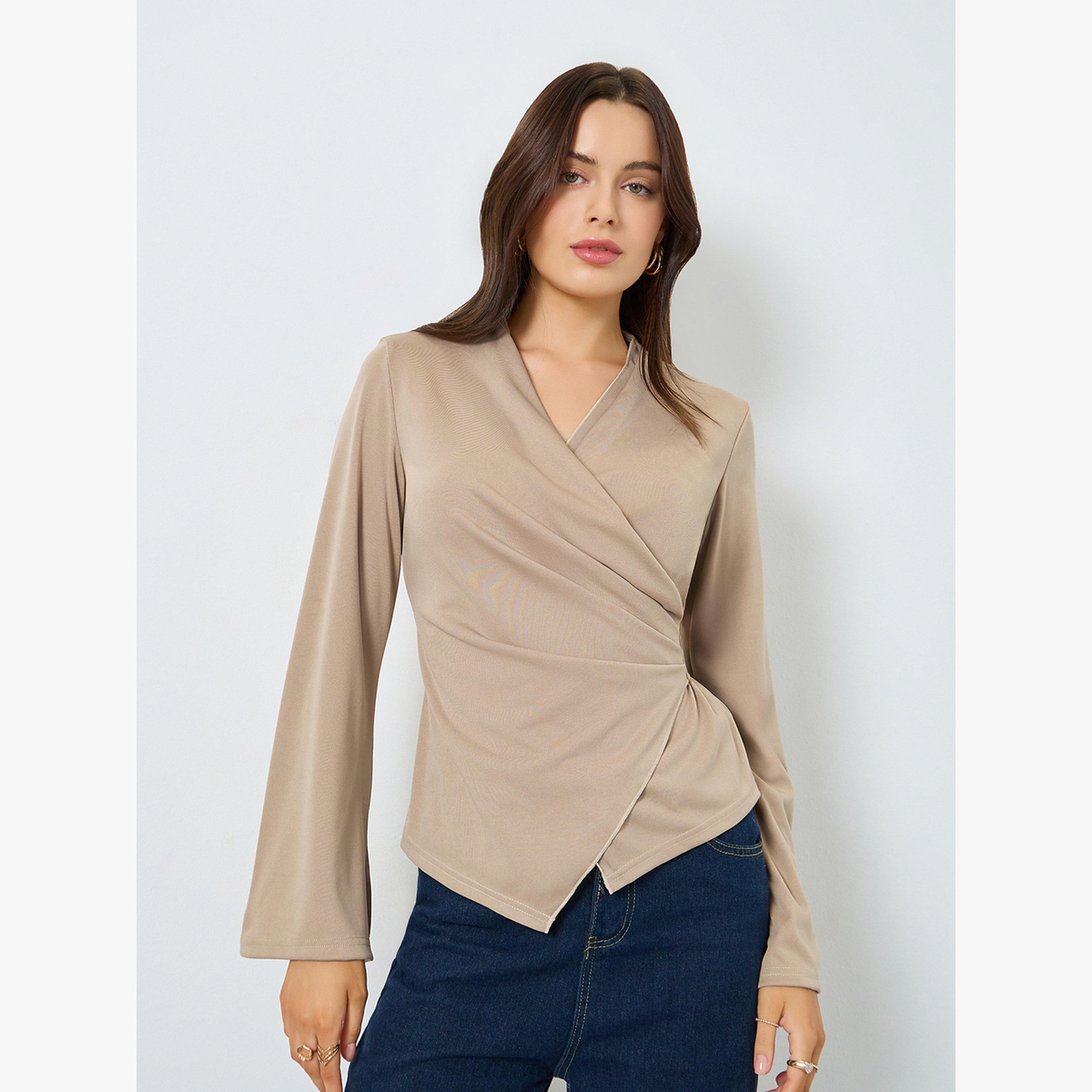 Styli Beige Solid Bell Sleeve Wrap Top-women-clothing-shirtsandblouses-blouses-image-1