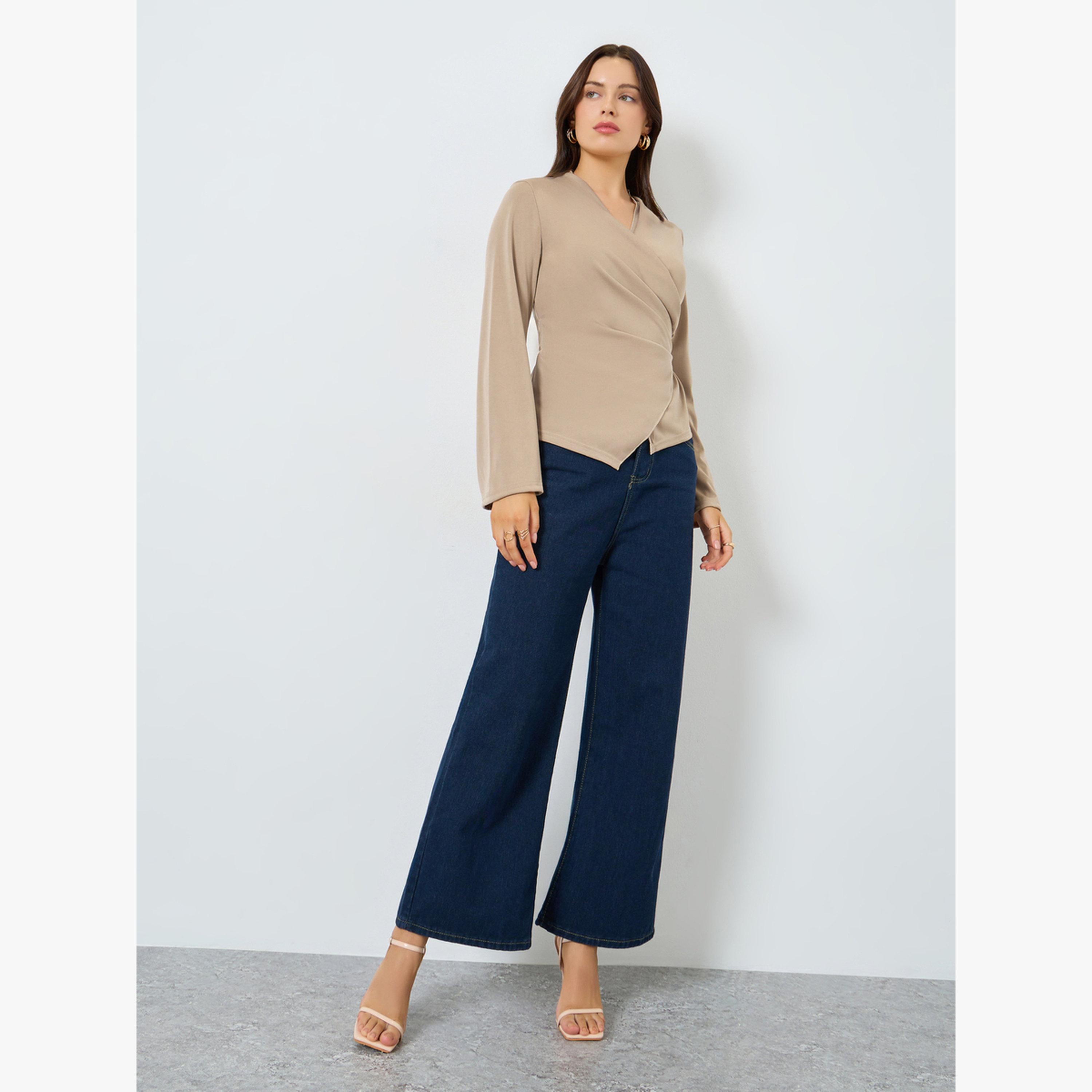 Styli Beige Solid Bell Sleeve Wrap Top-women-clothing-shirtsandblouses-blouses-image-2