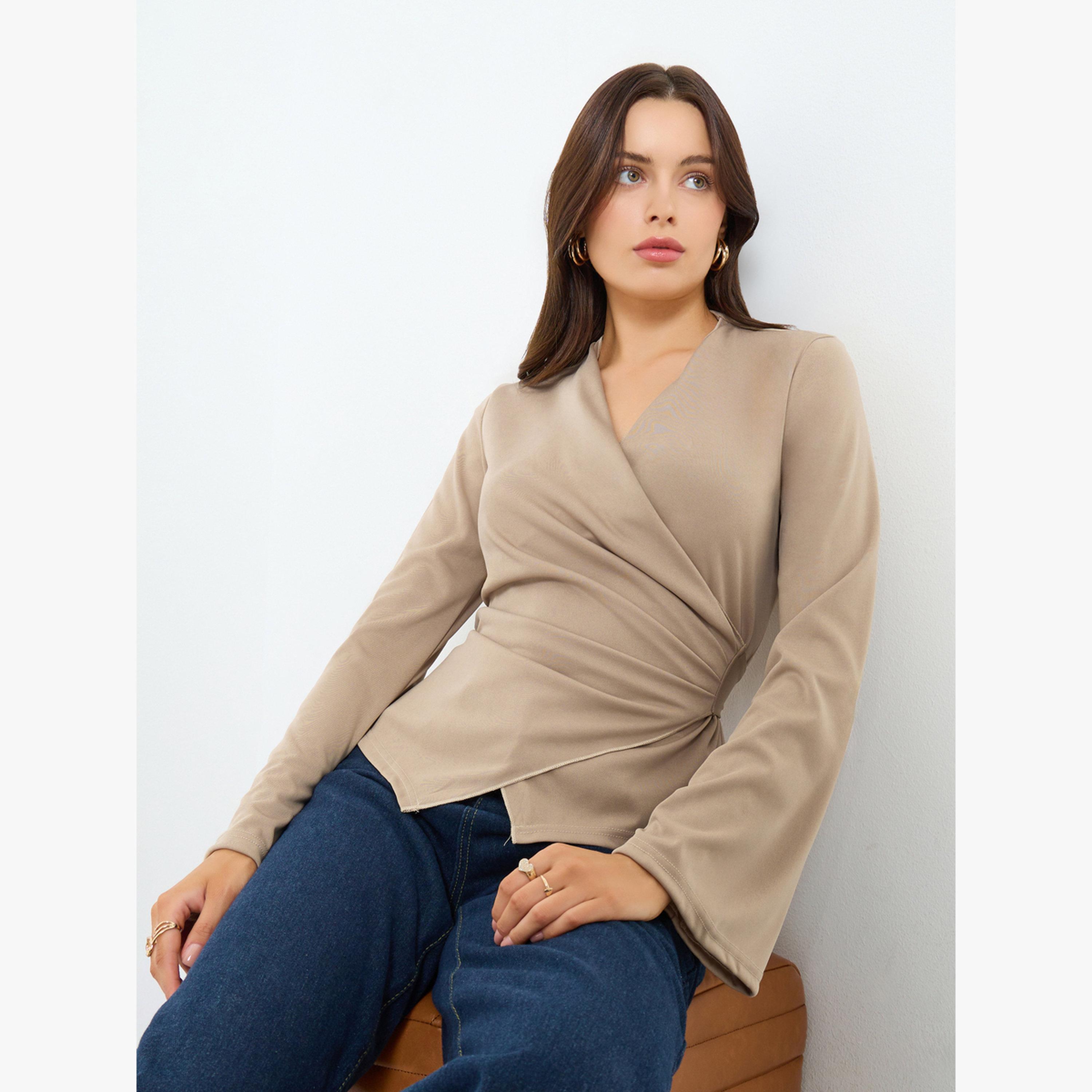 Styli Beige Solid Bell Sleeve Wrap Top-women-clothing-shirtsandblouses-blouses-image-3