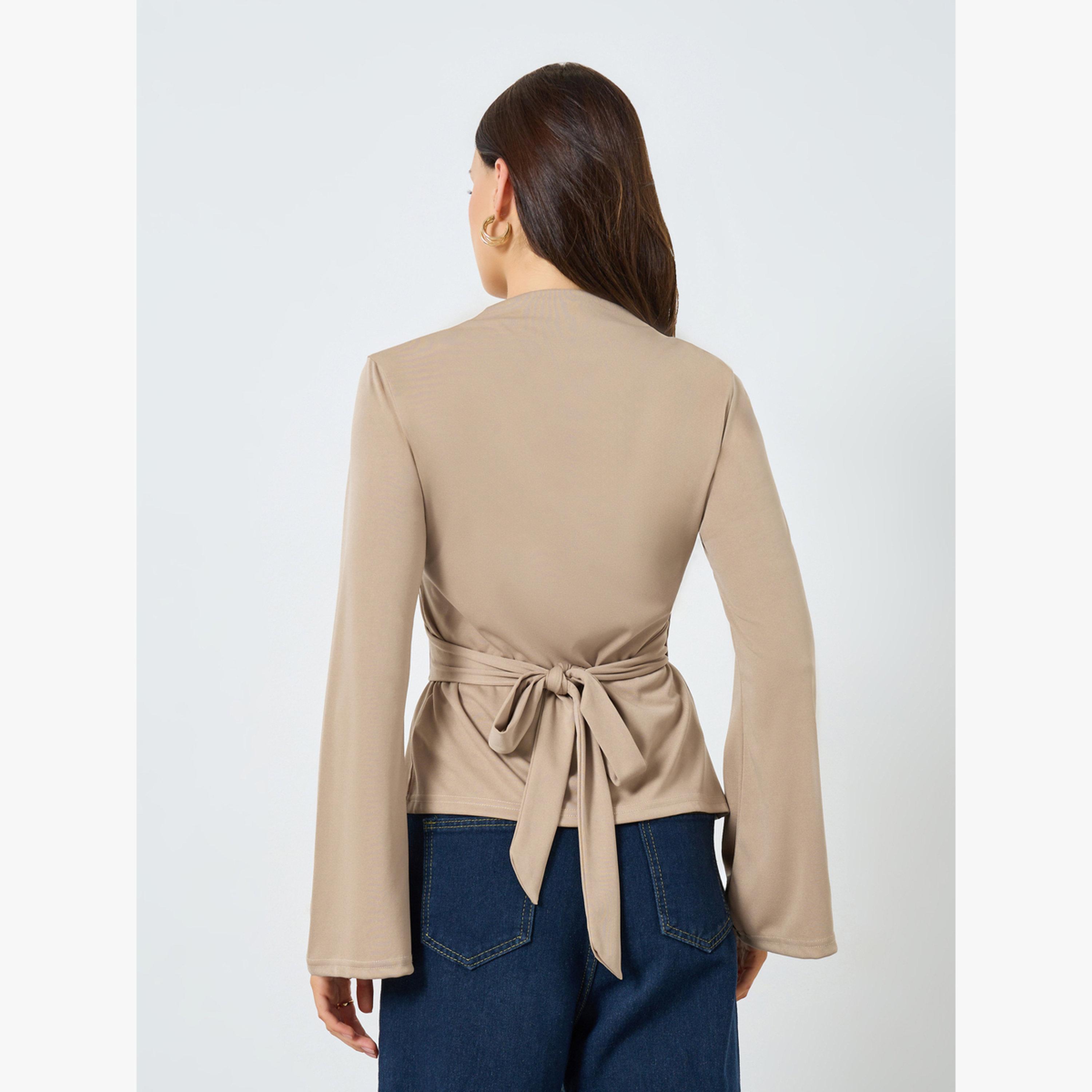 Styli Beige Solid Bell Sleeve Wrap Top-women-clothing-shirtsandblouses-blouses-image-5