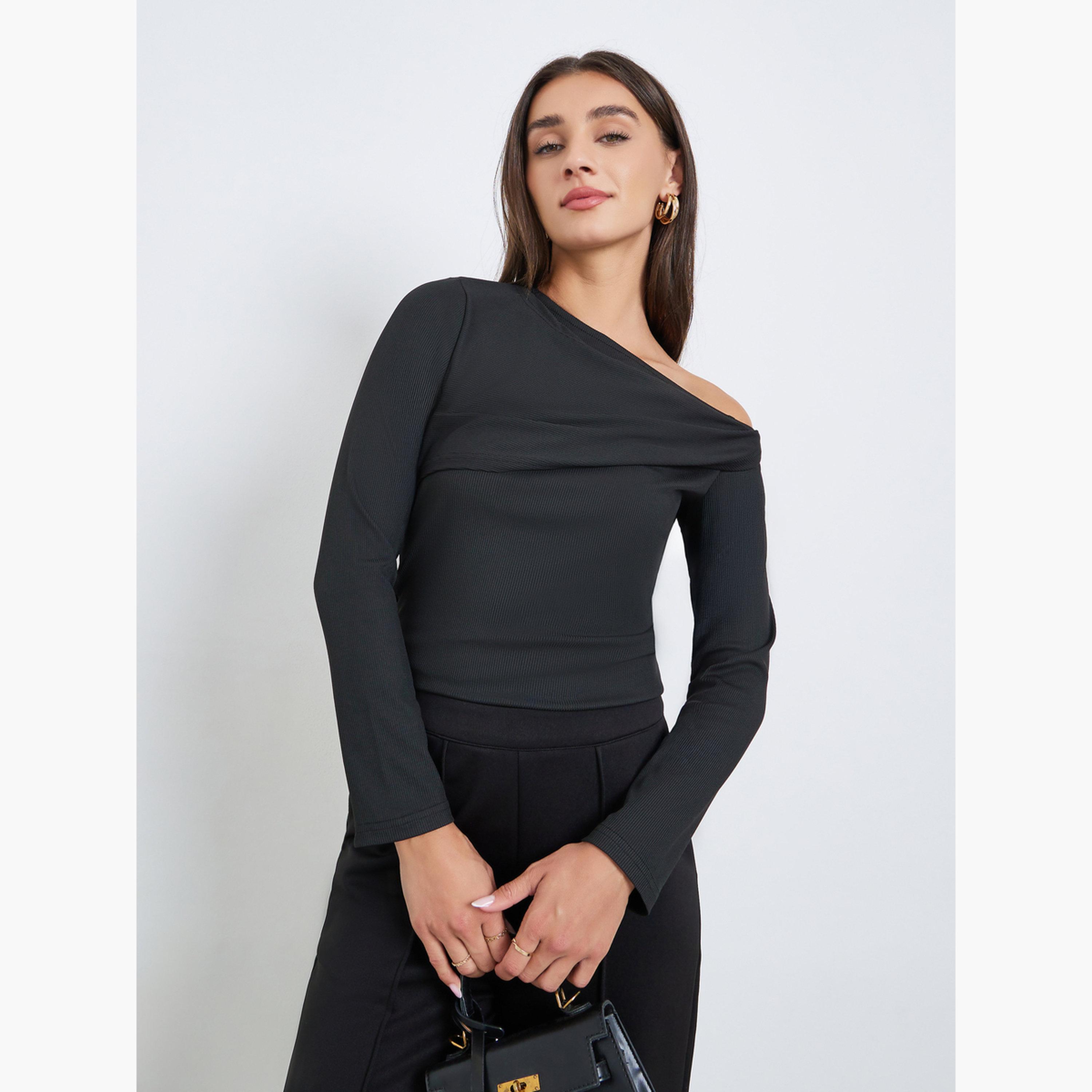 ستايلي - توب أسود سادة بكتف واحد من الصوف المحبوك-women-clothing-shirtsandblouses-blouses-image-1