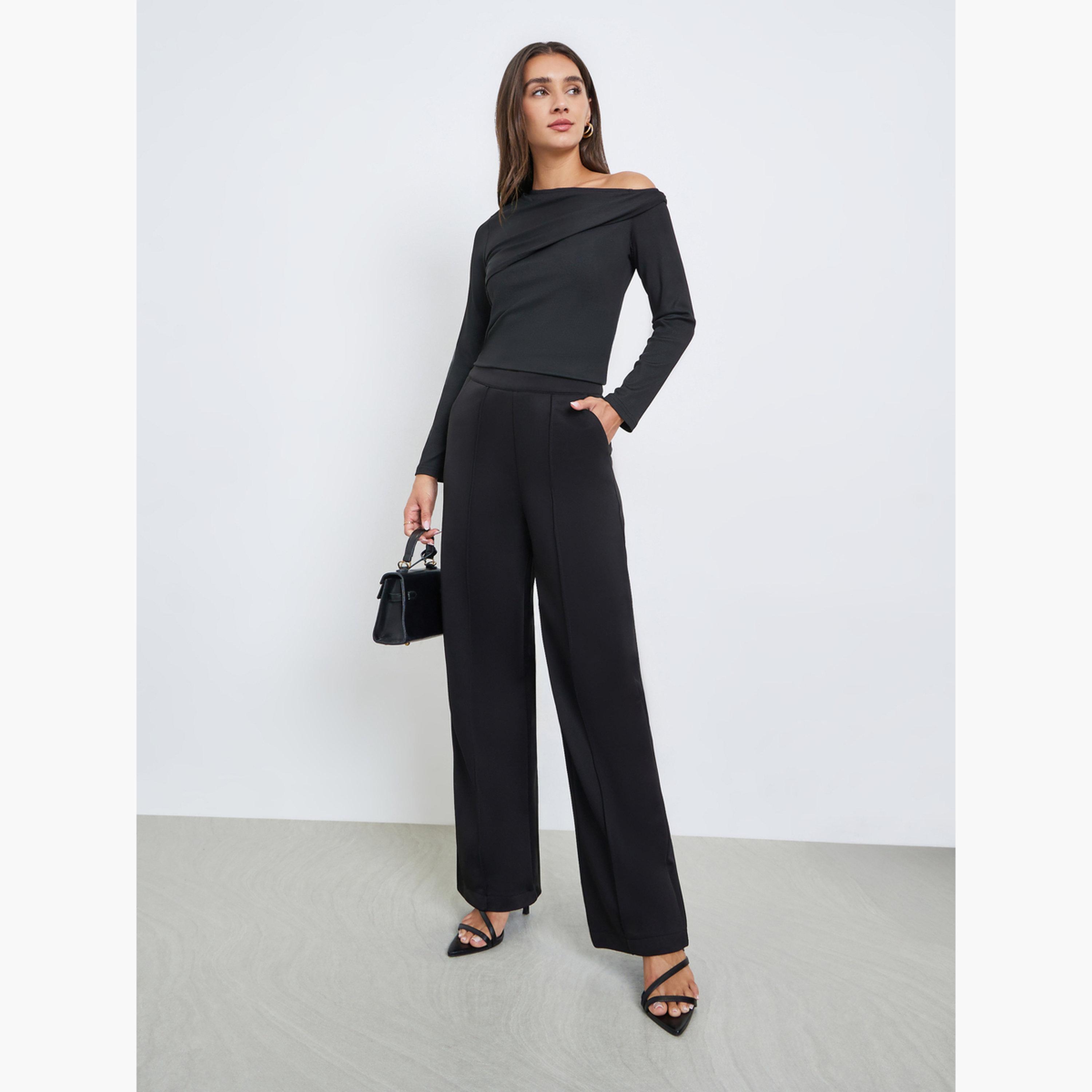 Styli Black Solid One Shoulder Knit Top-women-clothing-shirtsandblouses-blouses-image-2