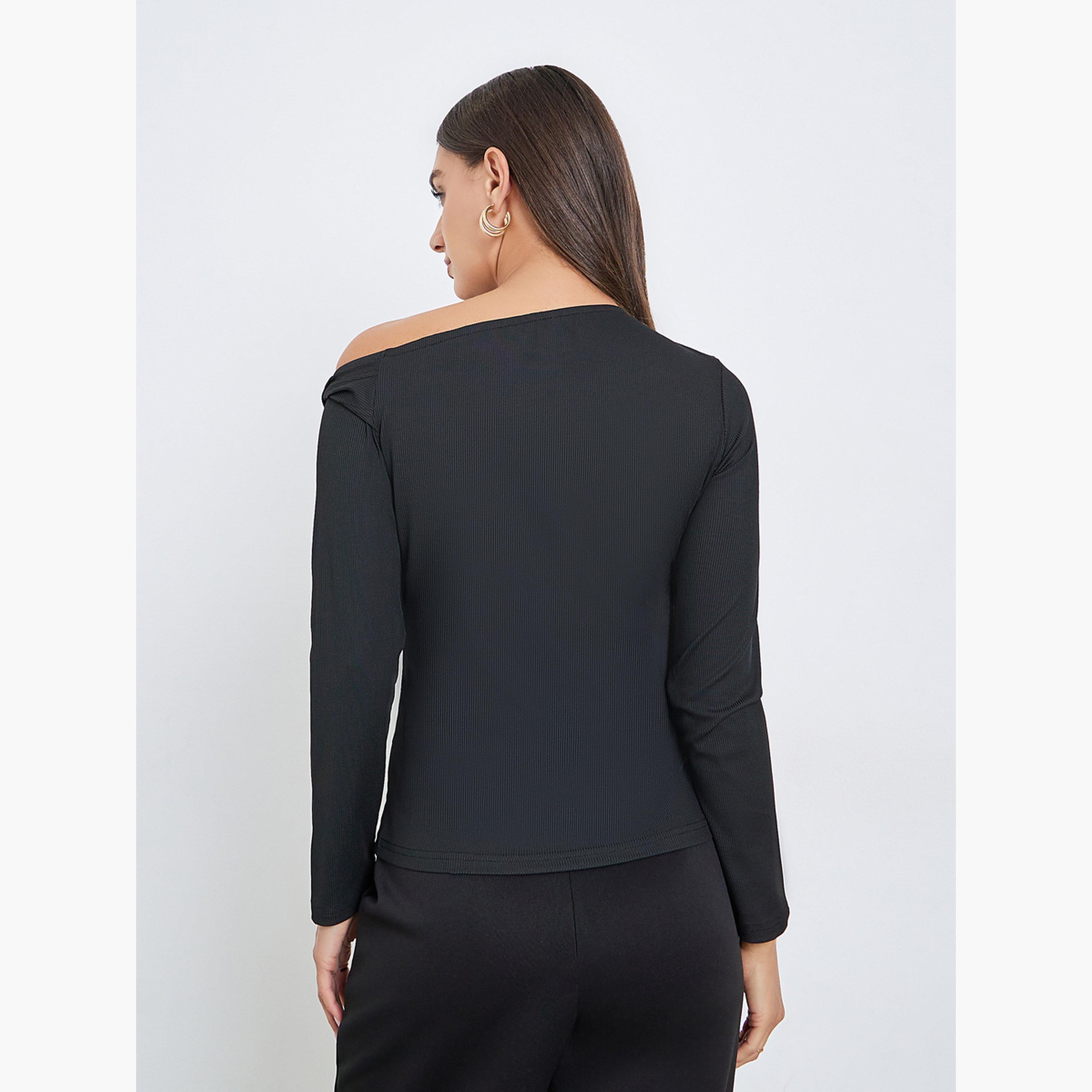 Styli Black Solid One Shoulder Knit Top-women-clothing-shirtsandblouses-blouses-image-3