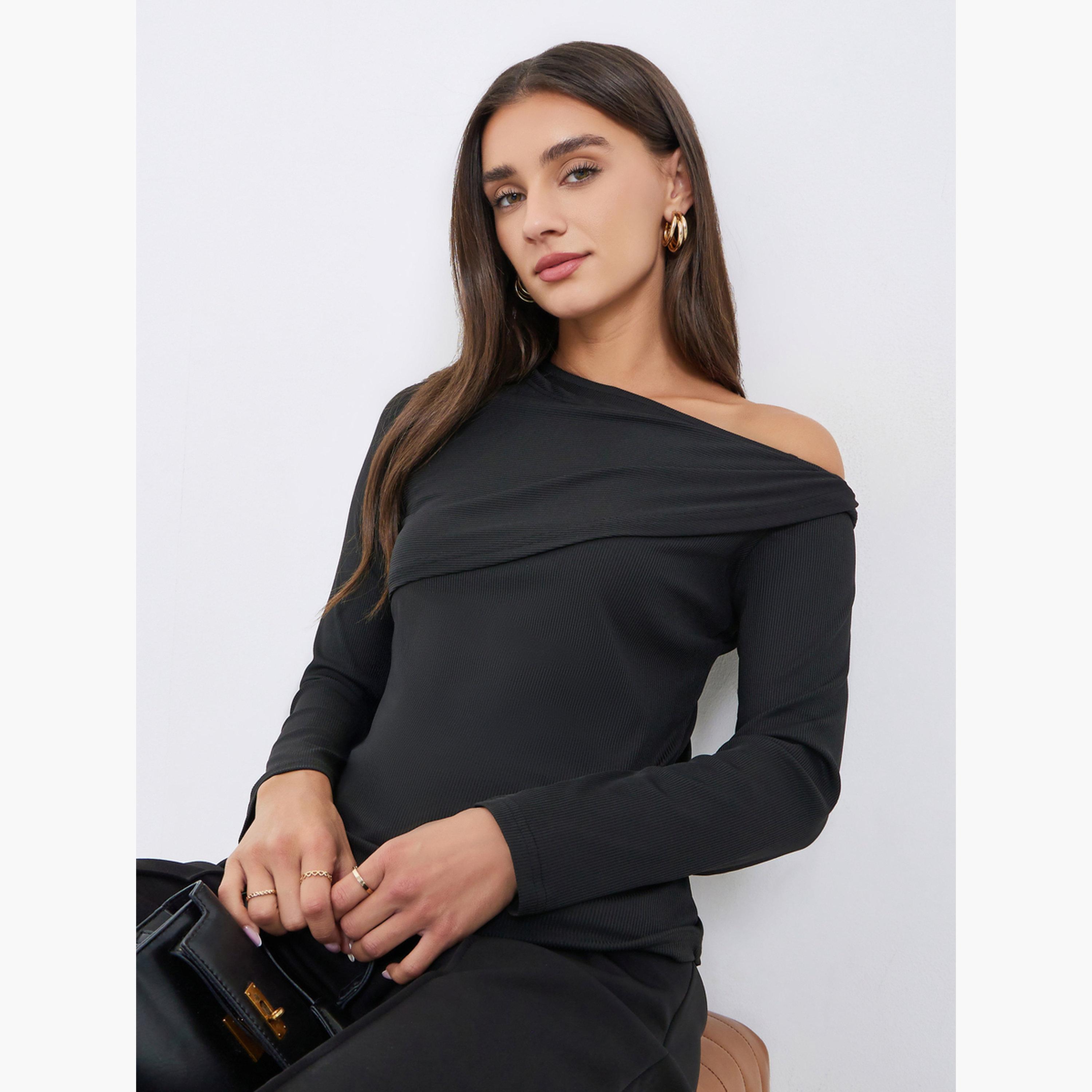 Styli Black Solid One Shoulder Knit Top-women-clothing-shirtsandblouses-blouses-image-4