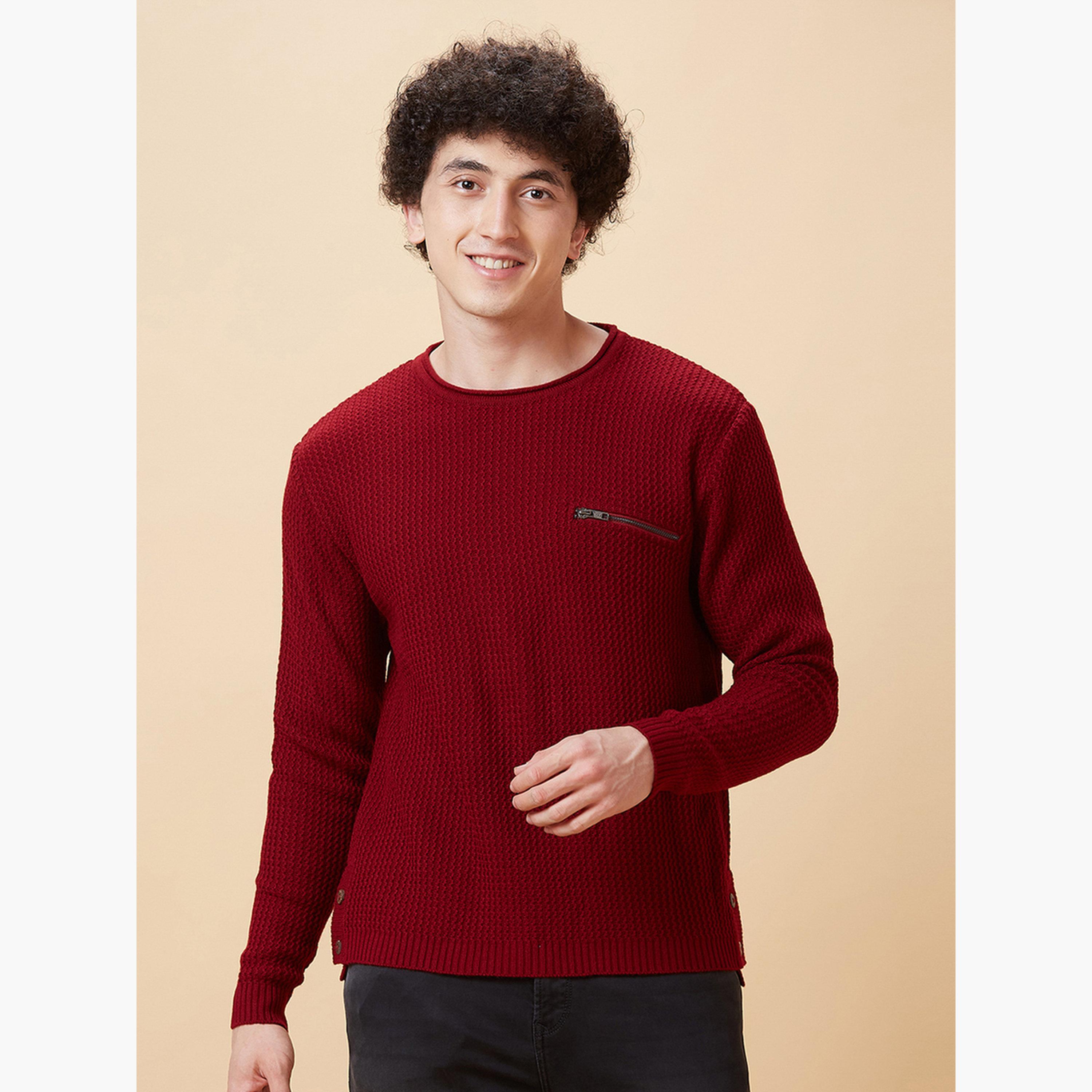 غلوبوص × ستايلي - سترة رجالية محبوكة مخططة أكمام طويلة رقبة دائرية لون مارون-men-clothing-sweatersandpullovers-image-1