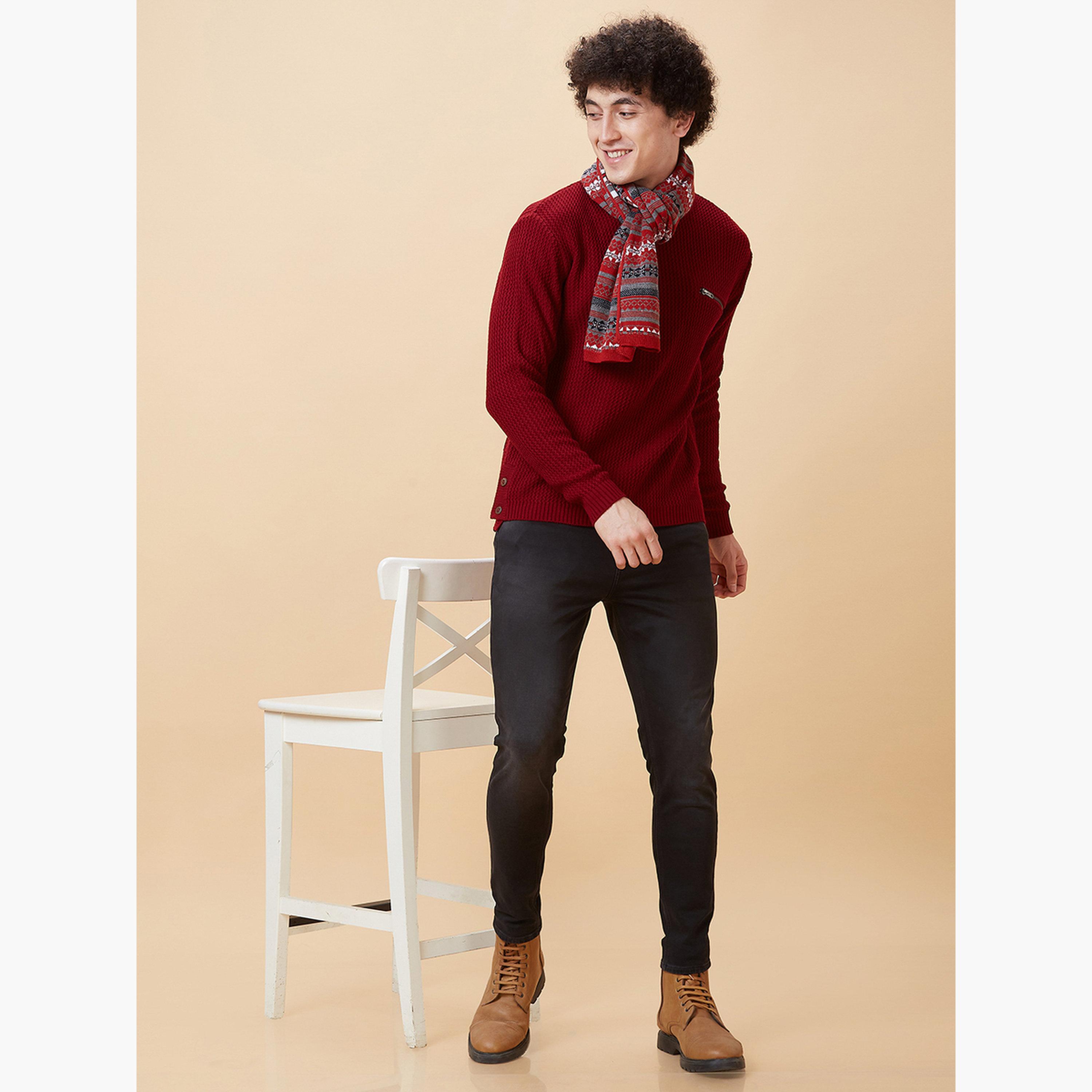 غلوبوص × ستايلي - سترة رجالية محبوكة مخططة أكمام طويلة رقبة دائرية لون مارون-men-clothing-sweatersandpullovers-image-2
