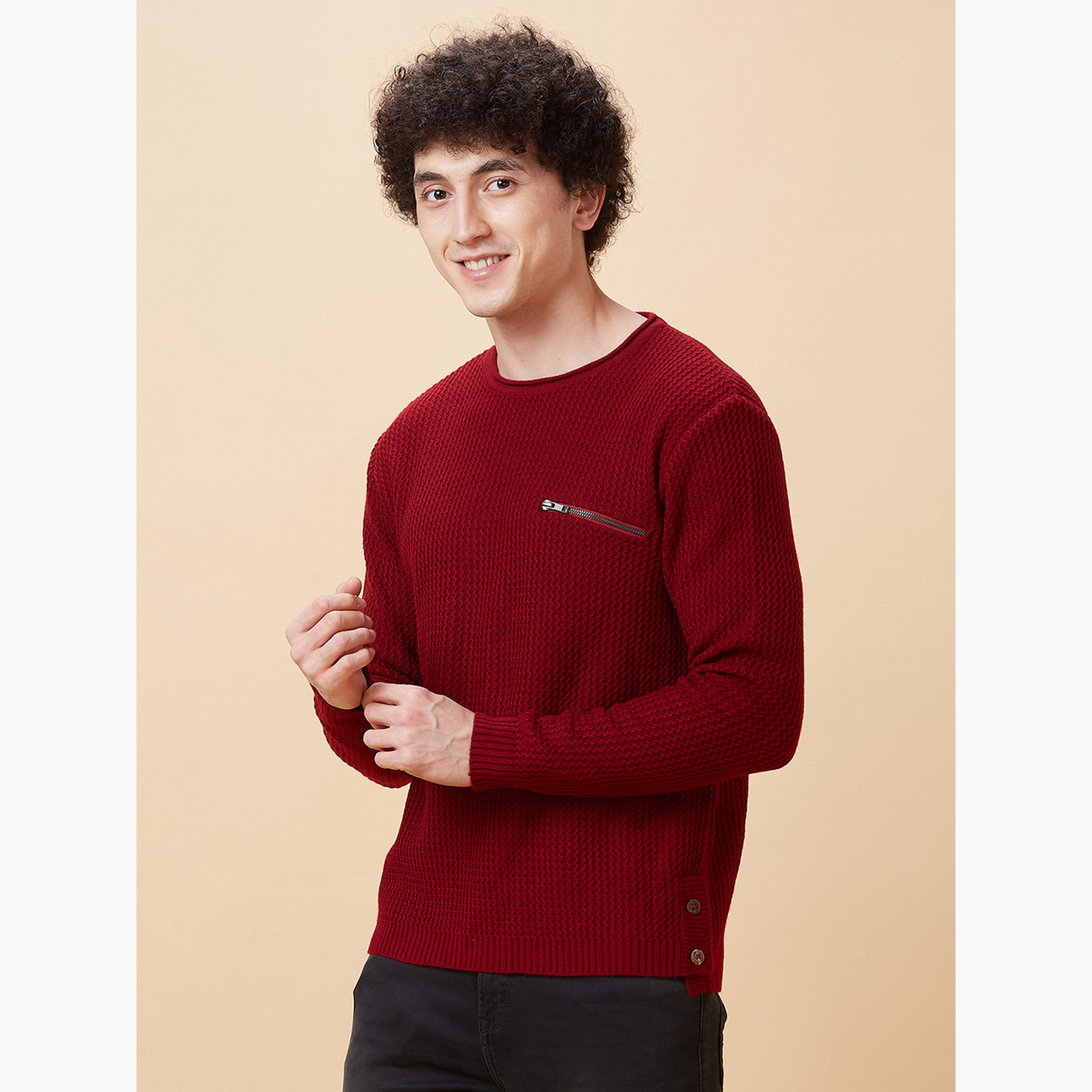 غلوبوص × ستايلي - سترة رجالية محبوكة مخططة أكمام طويلة رقبة دائرية لون مارون-men-clothing-sweatersandpullovers-image-3