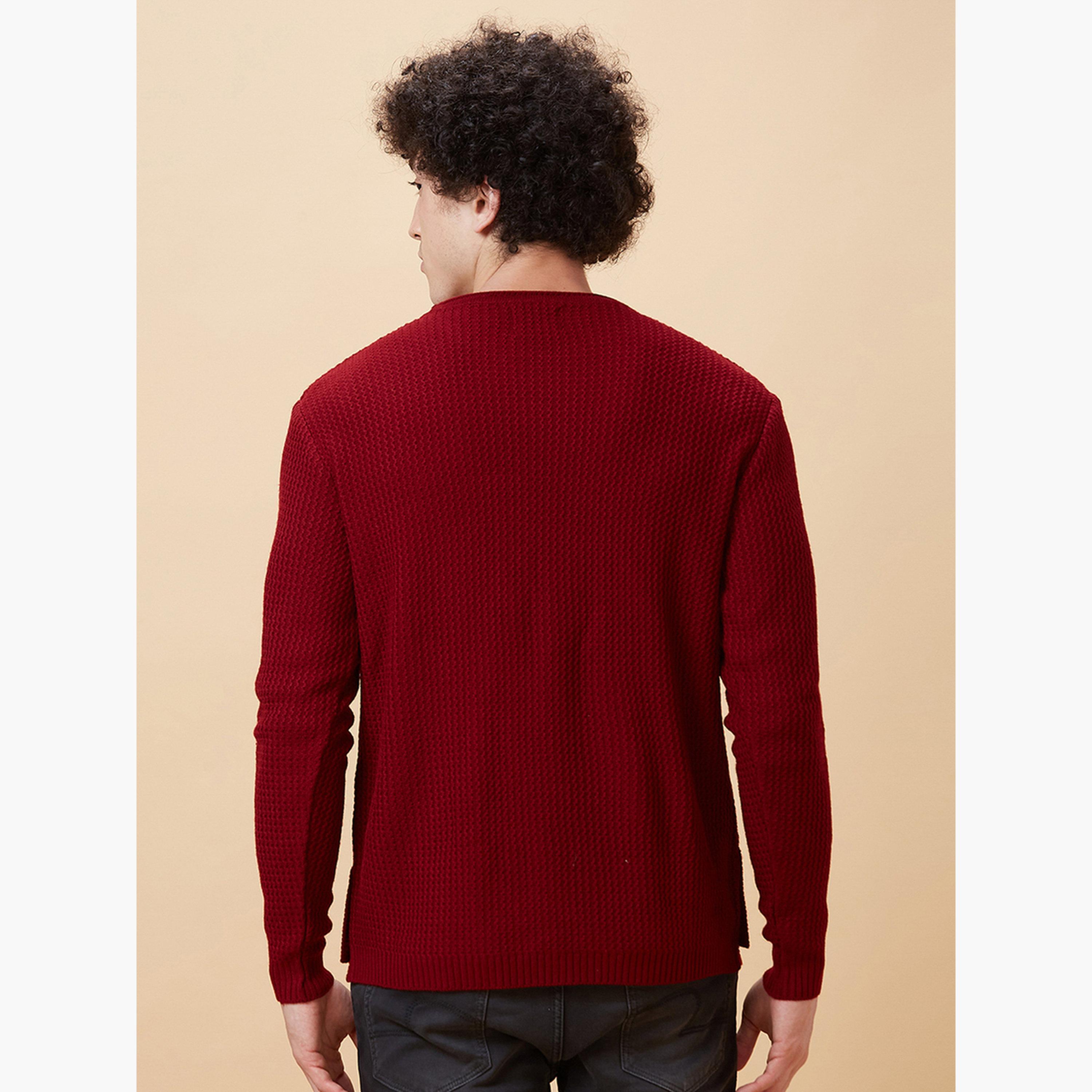 غلوبوص × ستايلي - سترة رجالية محبوكة مخططة أكمام طويلة رقبة دائرية لون مارون-men-clothing-sweatersandpullovers-image-4