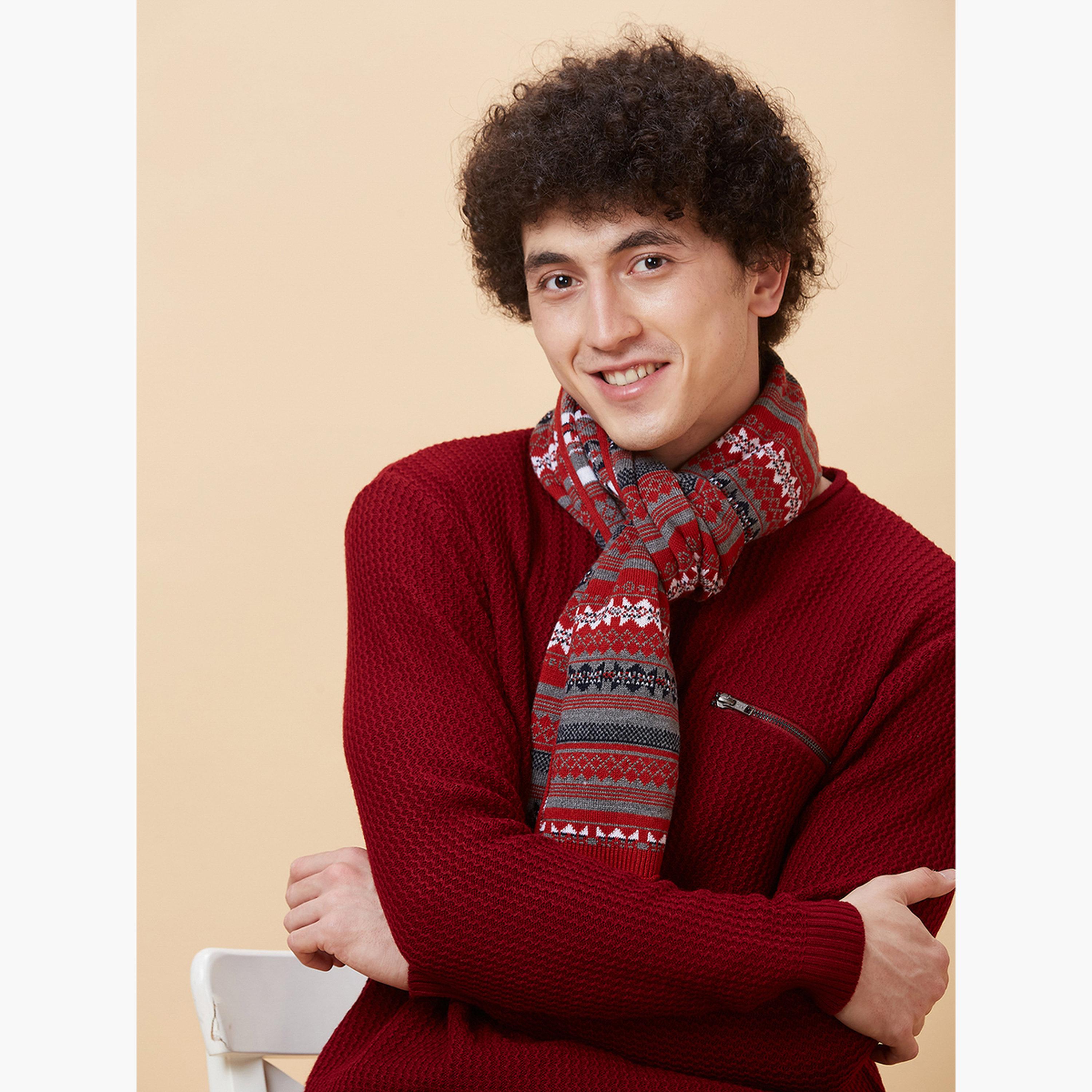 غلوبوص × ستايلي - سترة رجالية محبوكة مخططة أكمام طويلة رقبة دائرية لون مارون-men-clothing-sweatersandpullovers-image-5