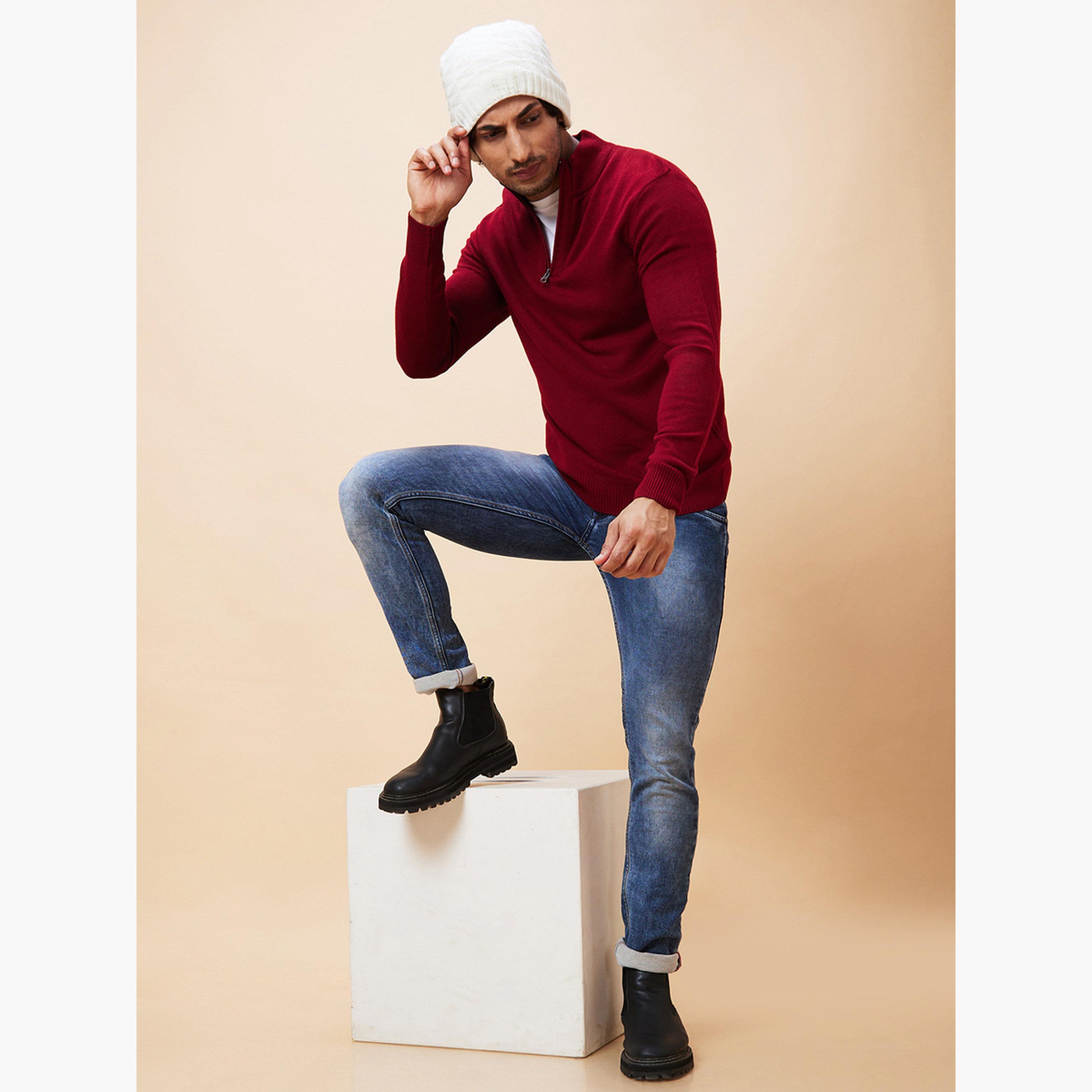 Globus X Styli Maroon Solid High Neck Long Sleeves Men's Pure Acrylic Pullover-men-winterwear-hoodiesandsweatshirts-image-2