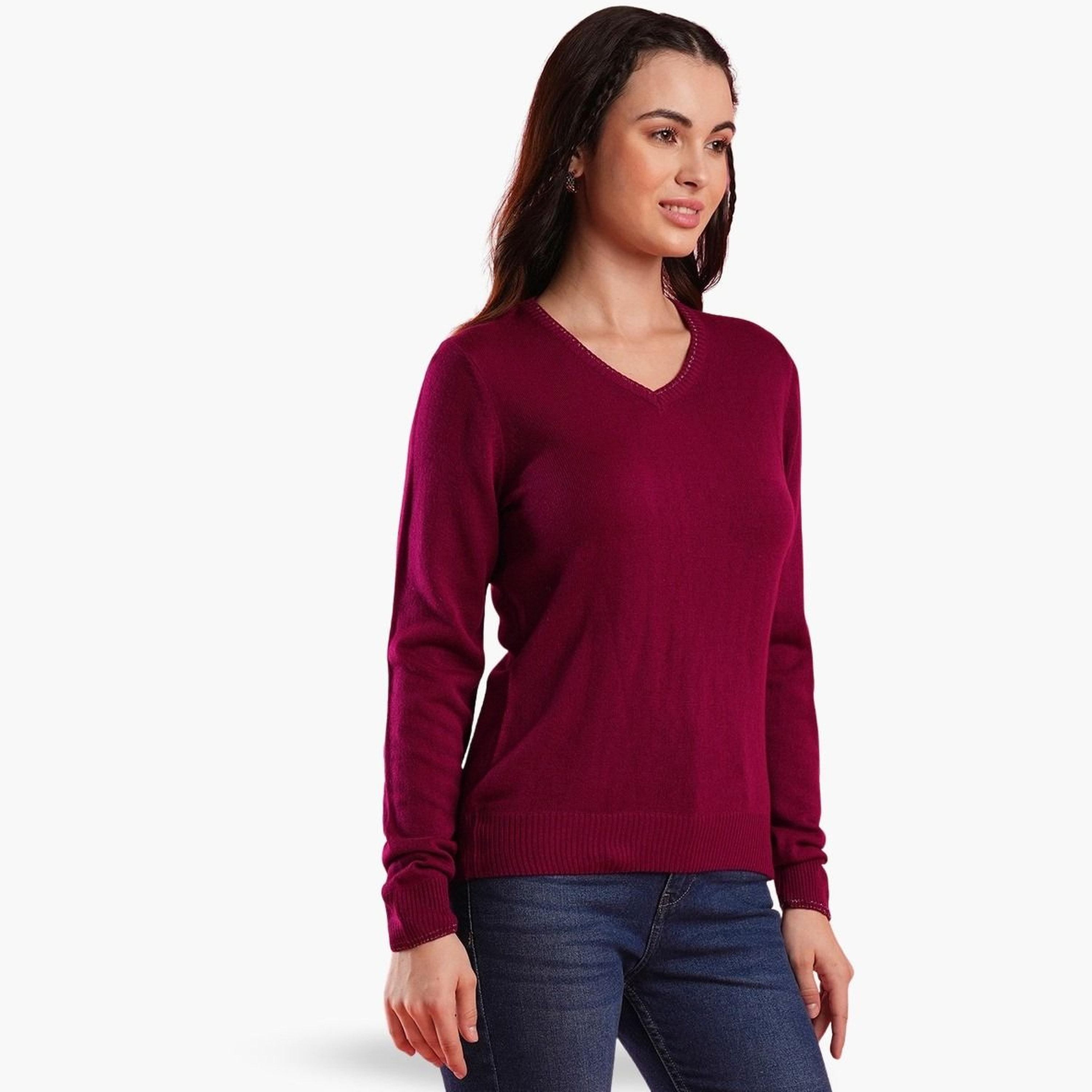 Globus X Styli Burgundy Ribbed Hem V-neck Long Sleeves Women's Acrylic Sweater-women-winterwear-cardigansandjumpers-jumpers-image-1