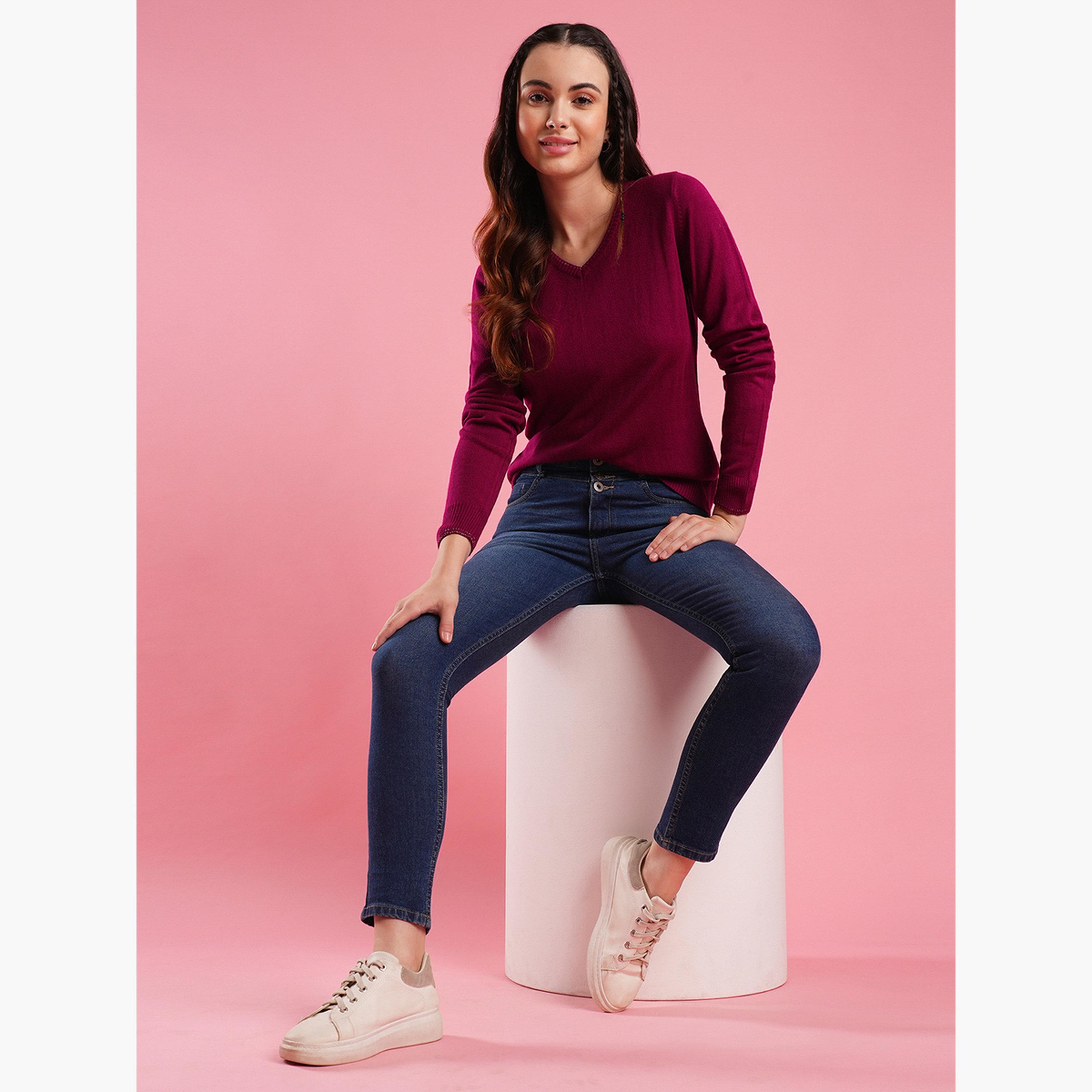 Globus X Styli Burgundy Ribbed Hem V-neck Long Sleeves Women's Acrylic Sweater-women-winterwear-cardigansandjumpers-jumpers-image-2