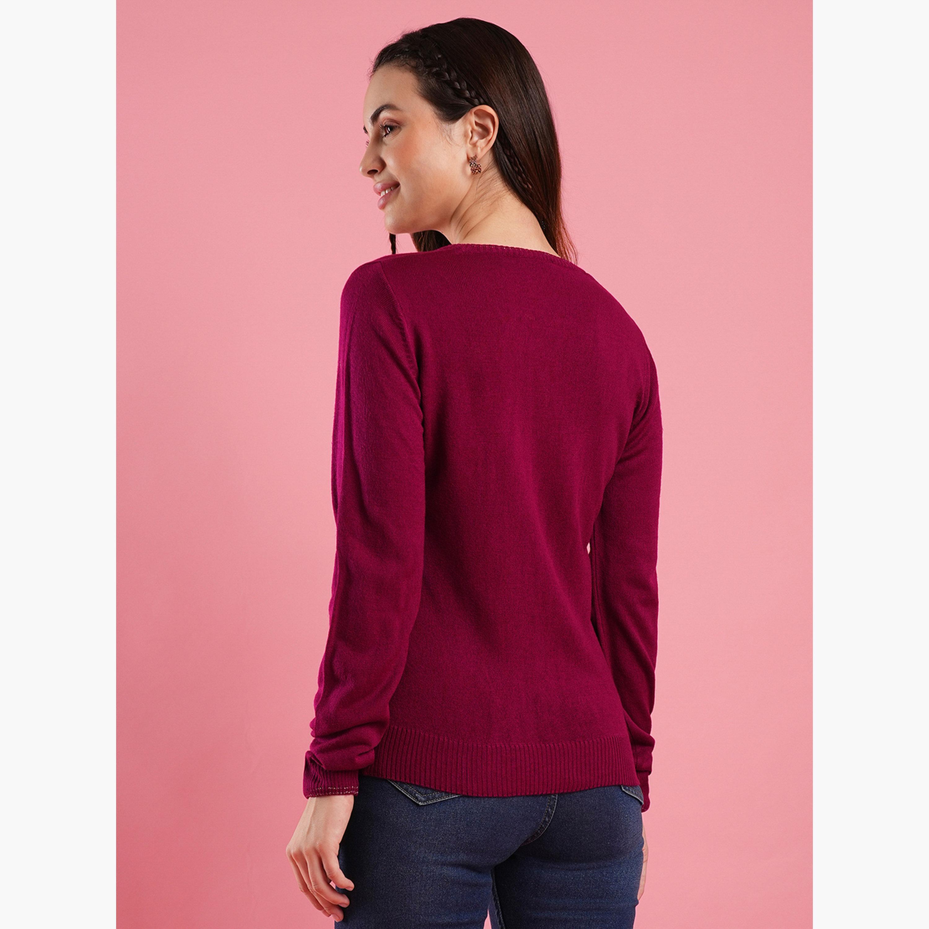 Globus X Styli Burgundy Ribbed Hem V-neck Long Sleeves Women's Acrylic Sweater-women-winterwear-cardigansandjumpers-jumpers-image-3