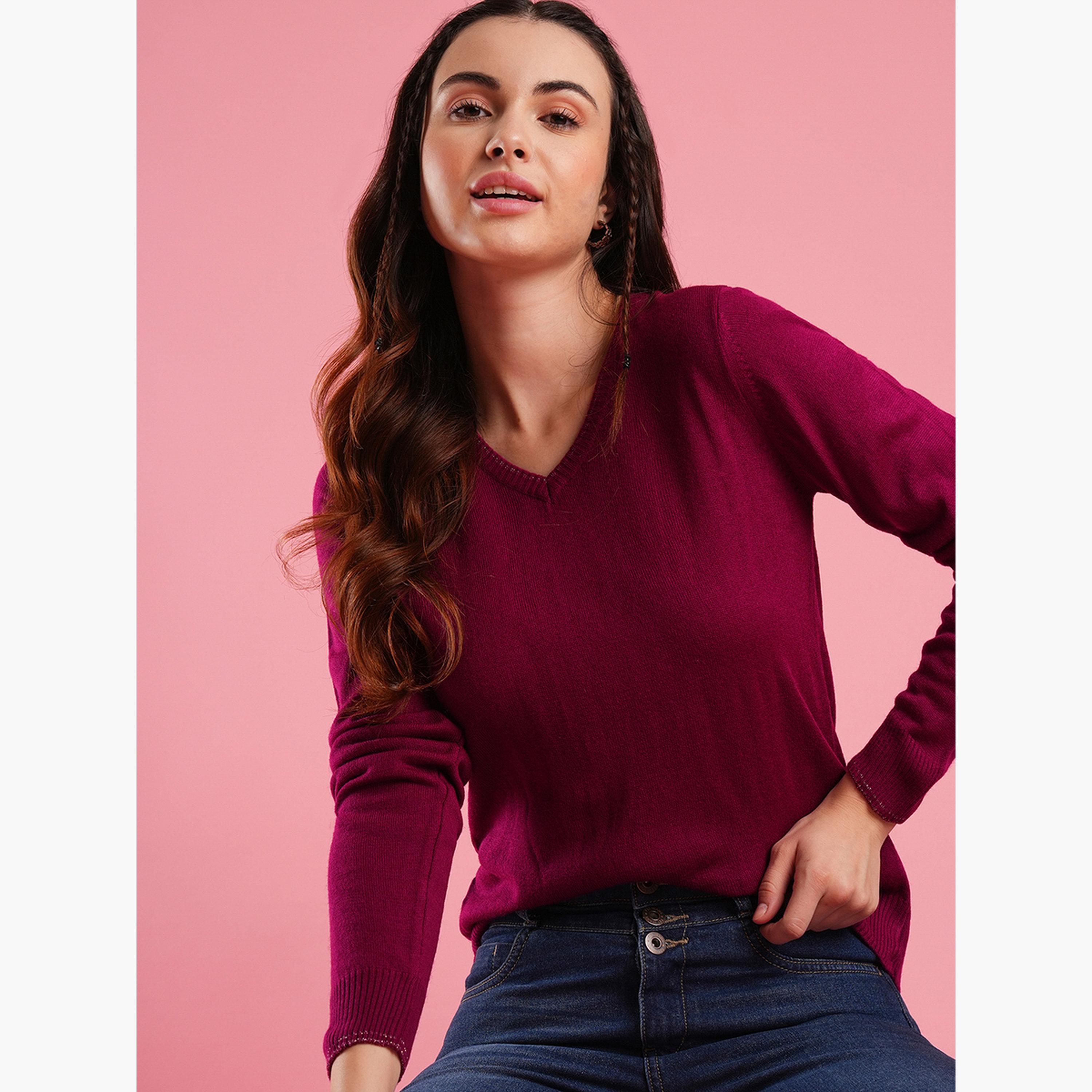 Globus X Styli Burgundy Ribbed Hem V-neck Long Sleeves Women's Acrylic Sweater-women-winterwear-cardigansandjumpers-jumpers-image-4