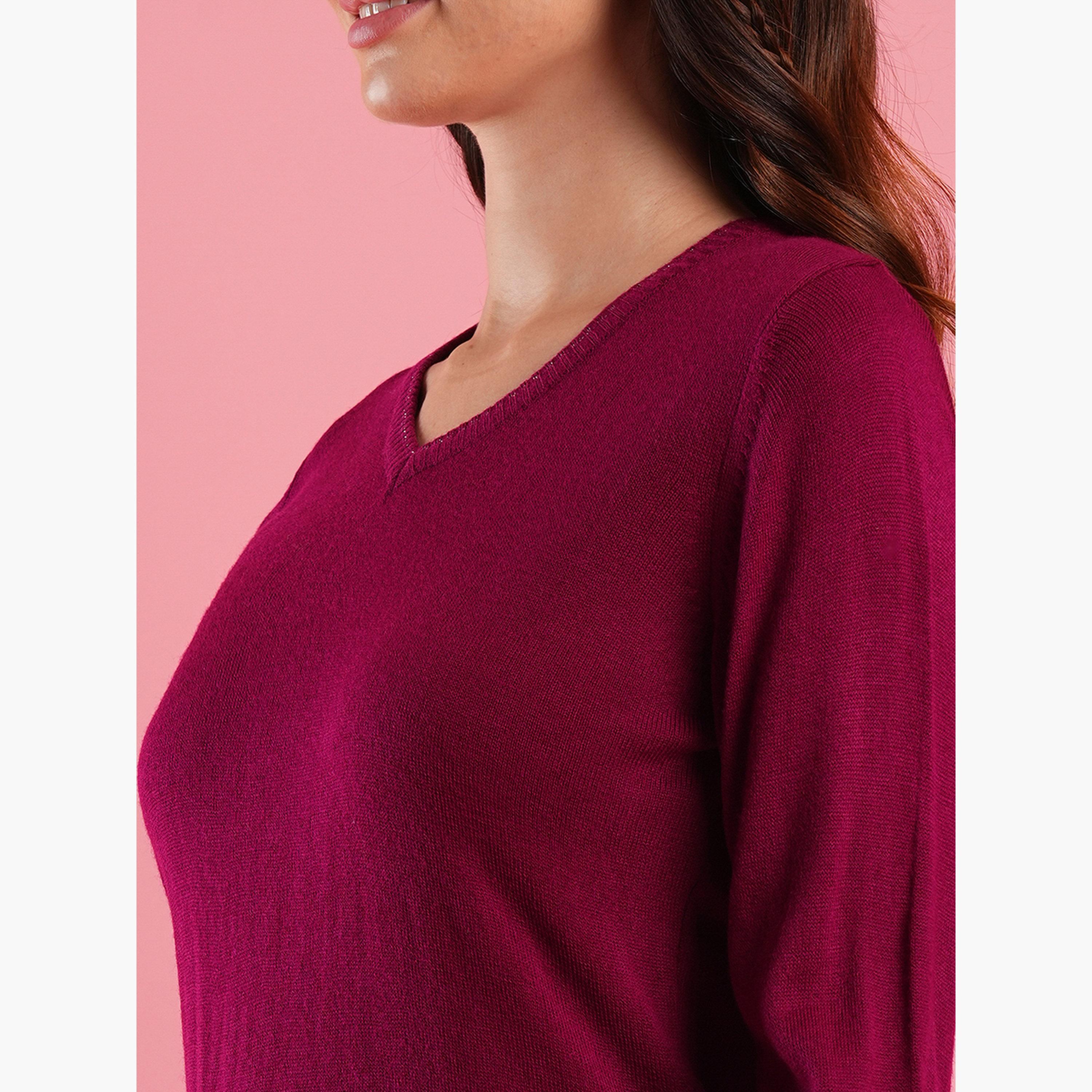 Globus X Styli Burgundy Ribbed Hem V-neck Long Sleeves Women's Acrylic Sweater-women-winterwear-cardigansandjumpers-jumpers-image-5