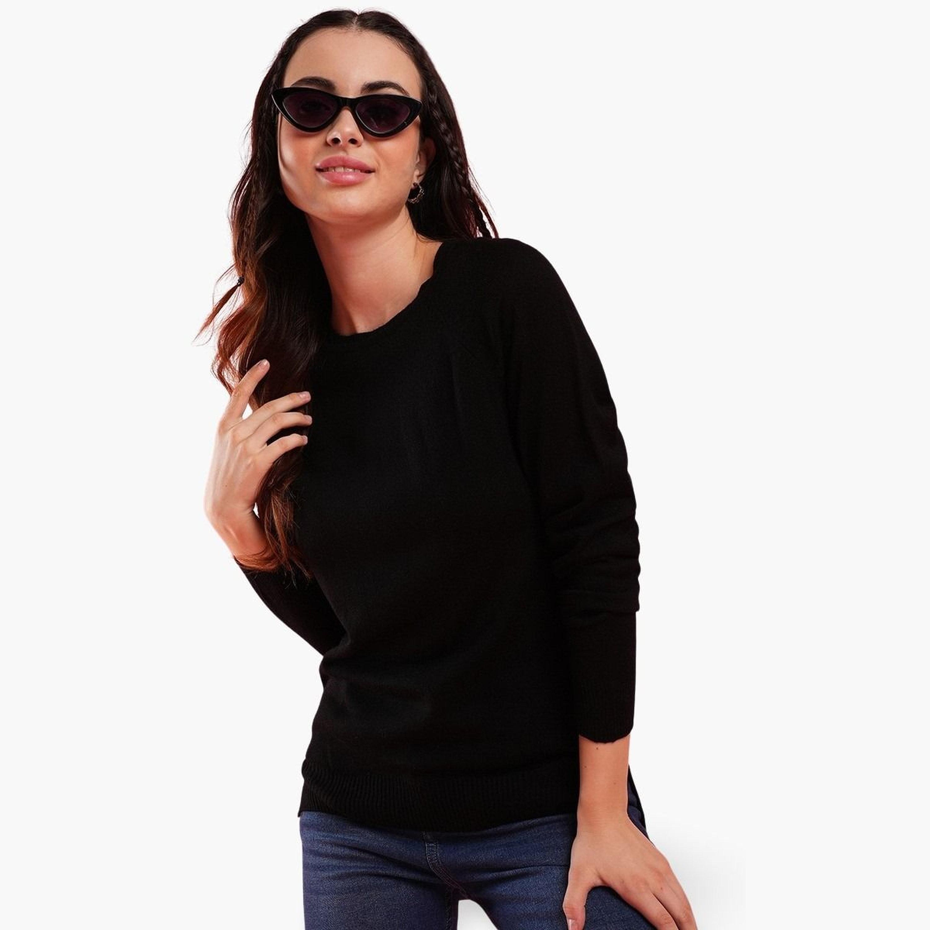 غلوبوص × ستايلي - سترة نسائية سوداء مضلعة برقبة دائرية وأكمام طويلة-women-winterwear-cardigansandjumpers-jumpers-image-1