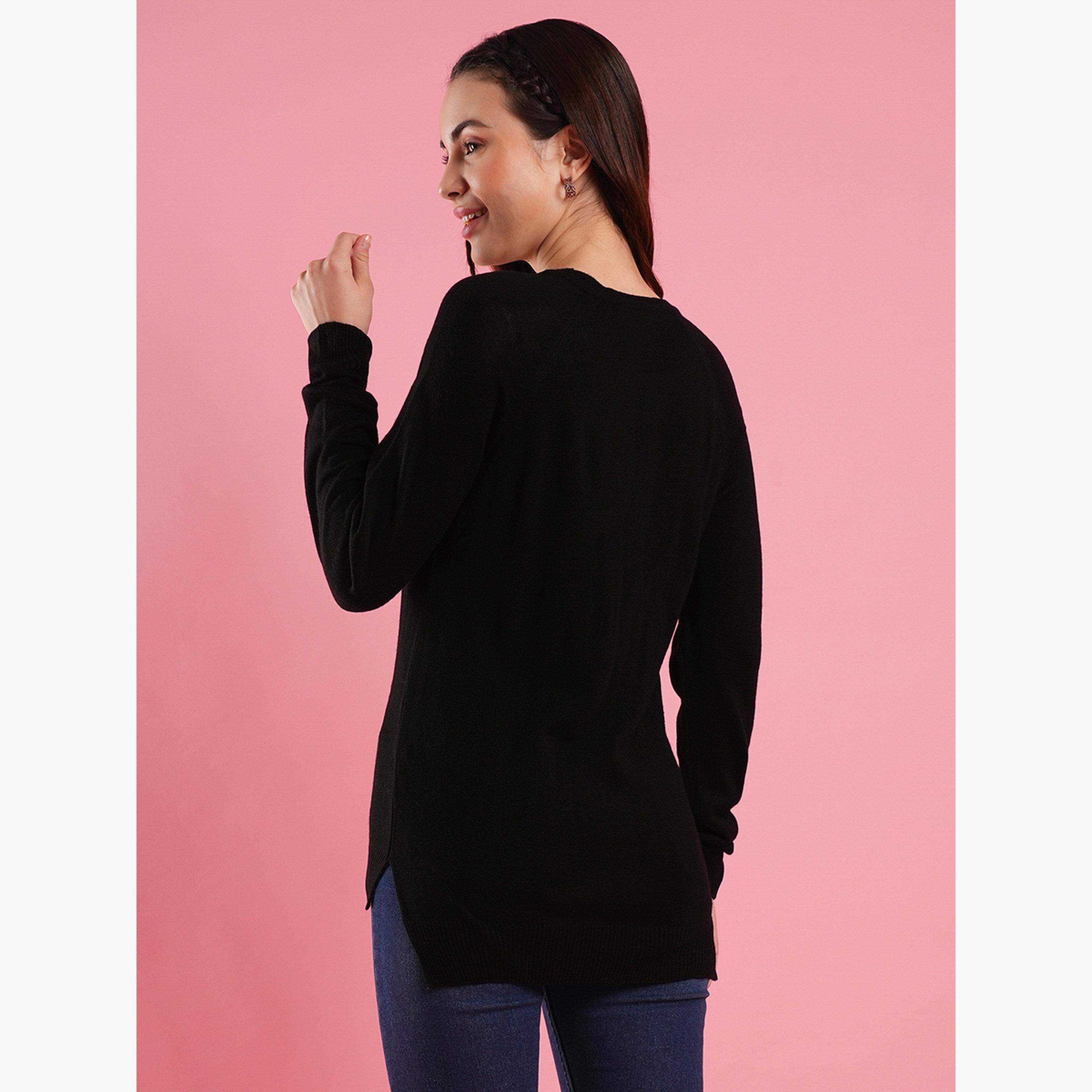 غلوبوص × ستايلي - سترة نسائية سوداء مضلعة برقبة دائرية وأكمام طويلة-women-winterwear-cardigansandjumpers-jumpers-image-3