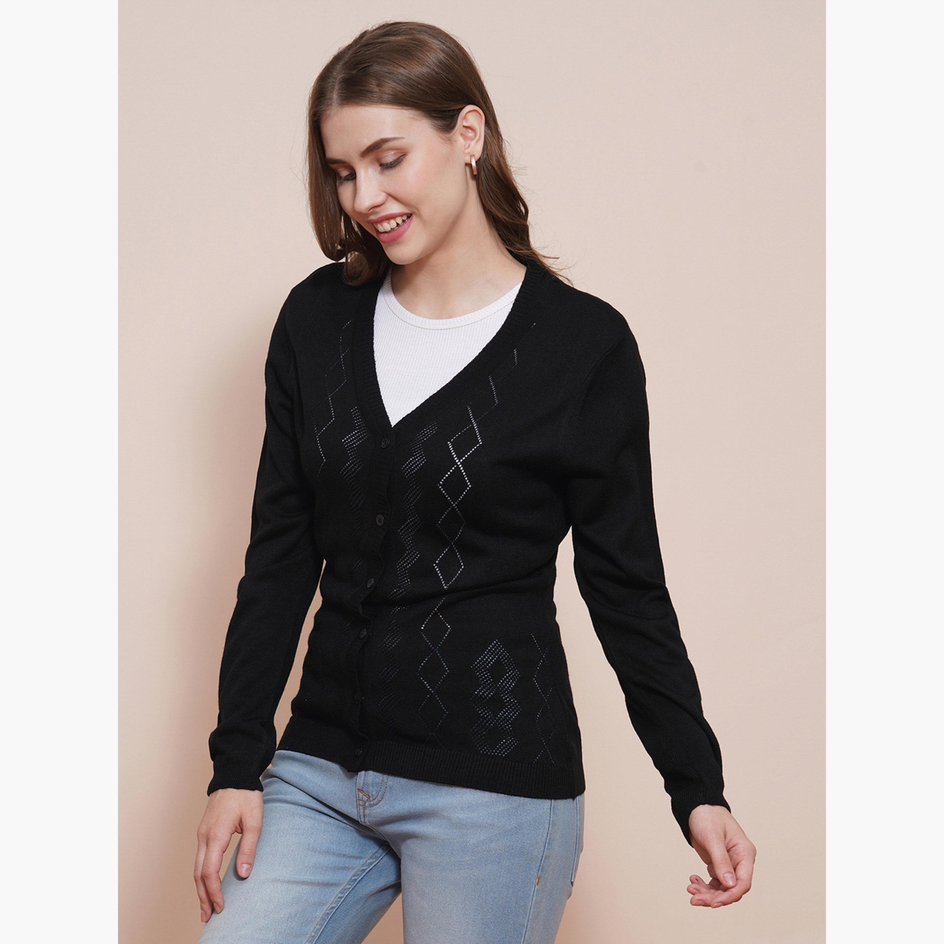 Globus X Styli Black Ribbed Hem V-neck Long Sleeves Women's Buttoned Cardigan-women-winterwear-cardigansandjumpers-cardigans-image-1