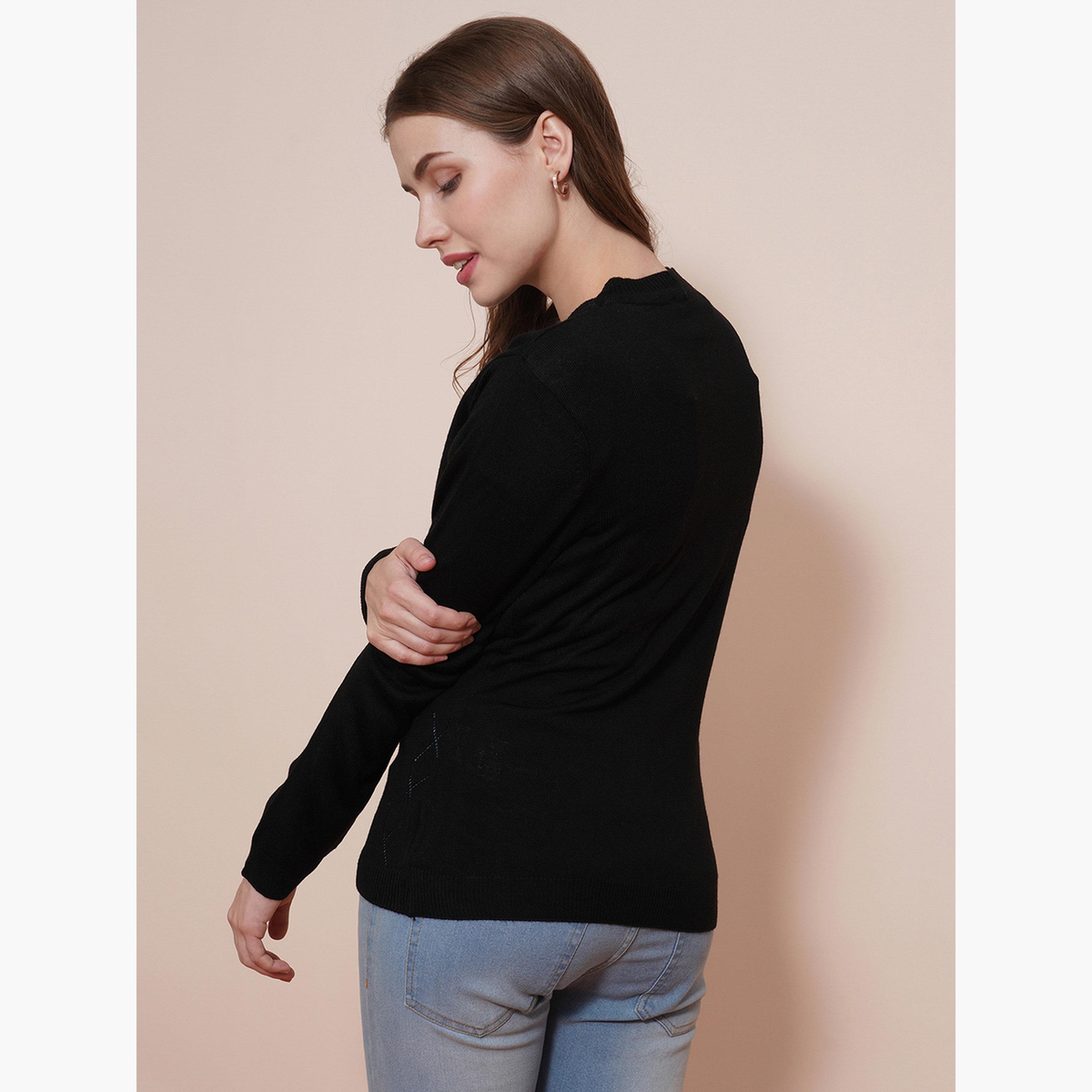 Globus X Styli Black Ribbed Hem V-neck Long Sleeves Women's Buttoned Cardigan-women-winterwear-cardigansandjumpers-cardigans-image-3