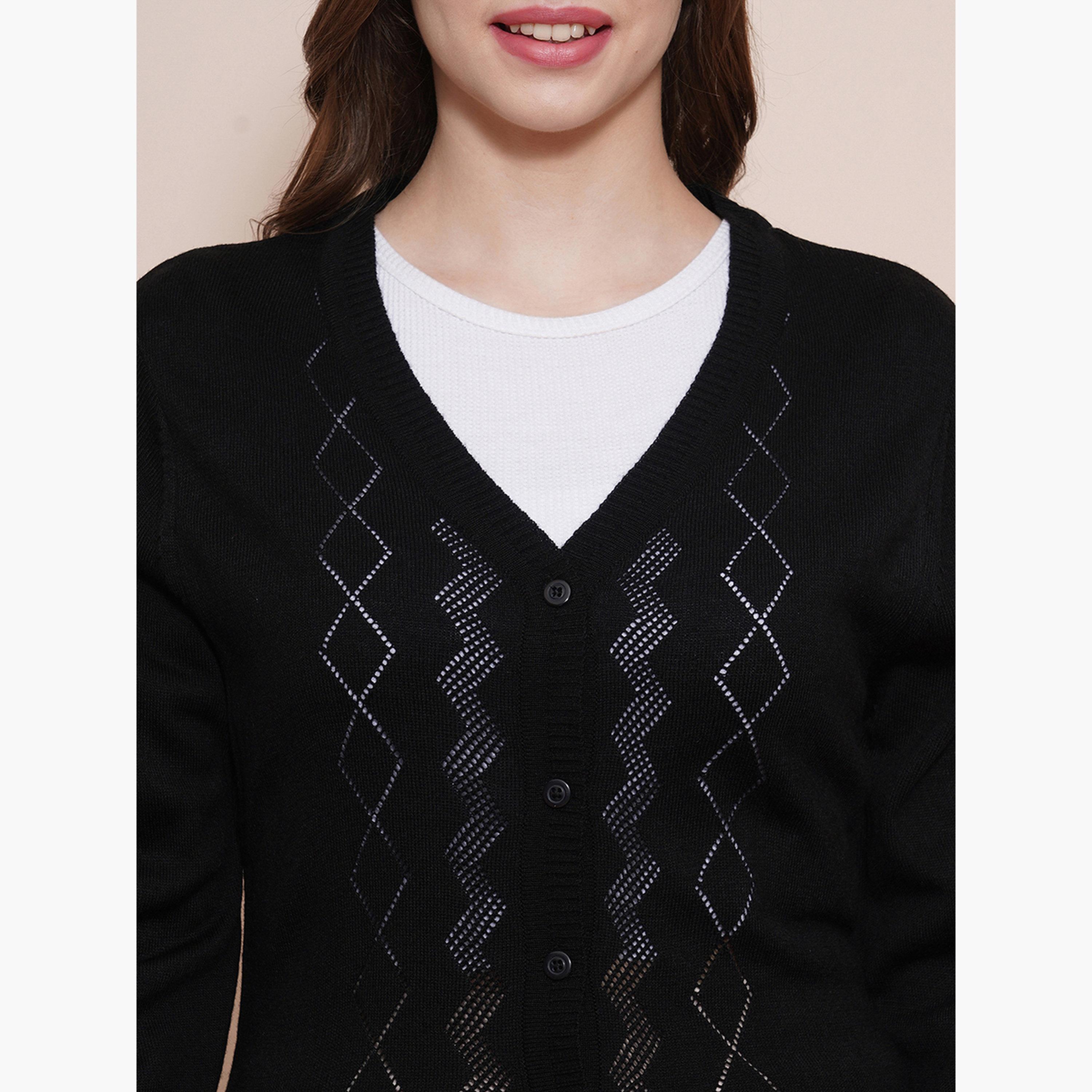 Globus X Styli Black Ribbed Hem V-neck Long Sleeves Women's Buttoned Cardigan-women-winterwear-cardigansandjumpers-cardigans-image-5