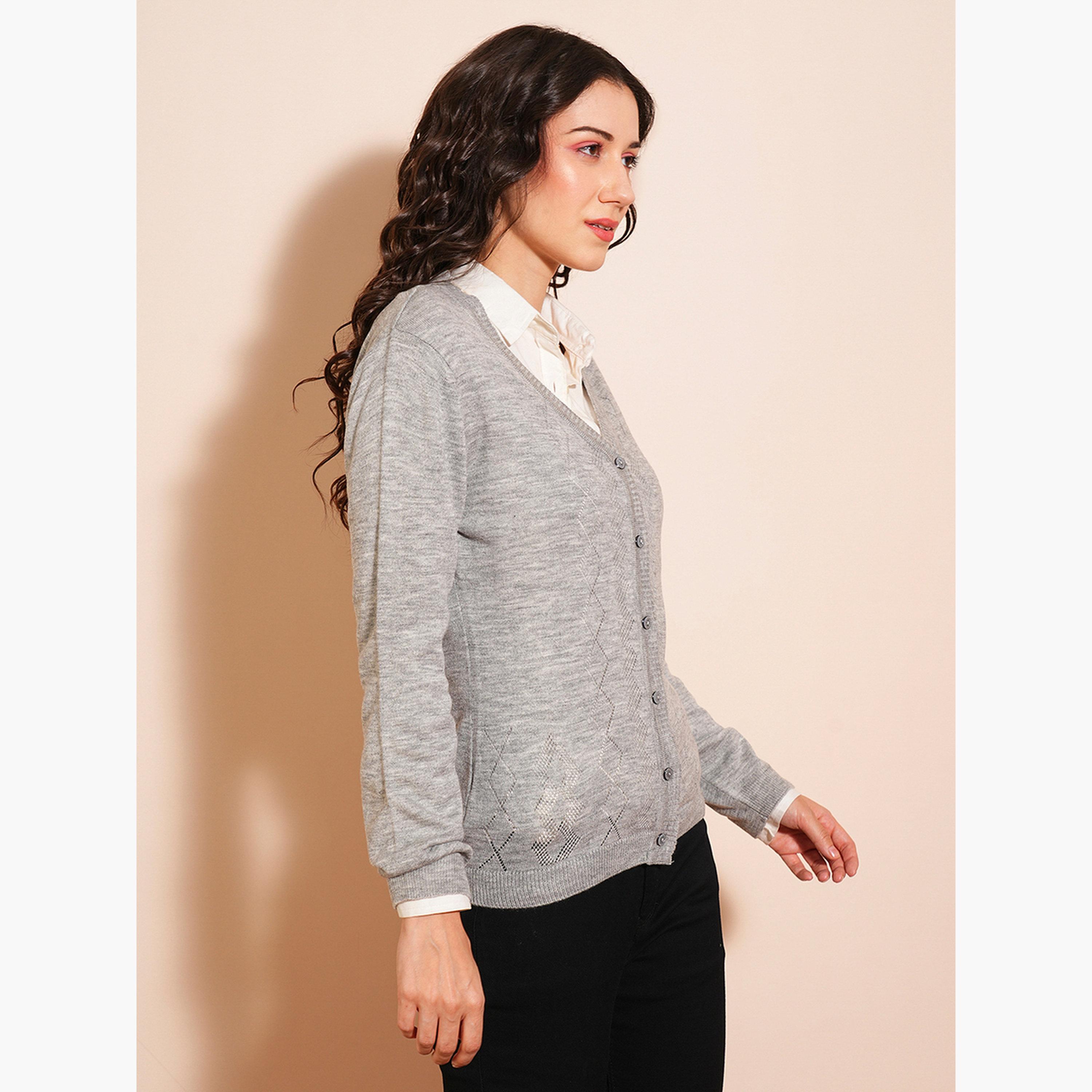 غلوبوص × ستايلي - كارديغان رمادي اللون بأكمام طويلة رقبة حرف V وحاشية مضلعة للنساء-women-winterwear-cardigansandjumpers-cardigans-image-1