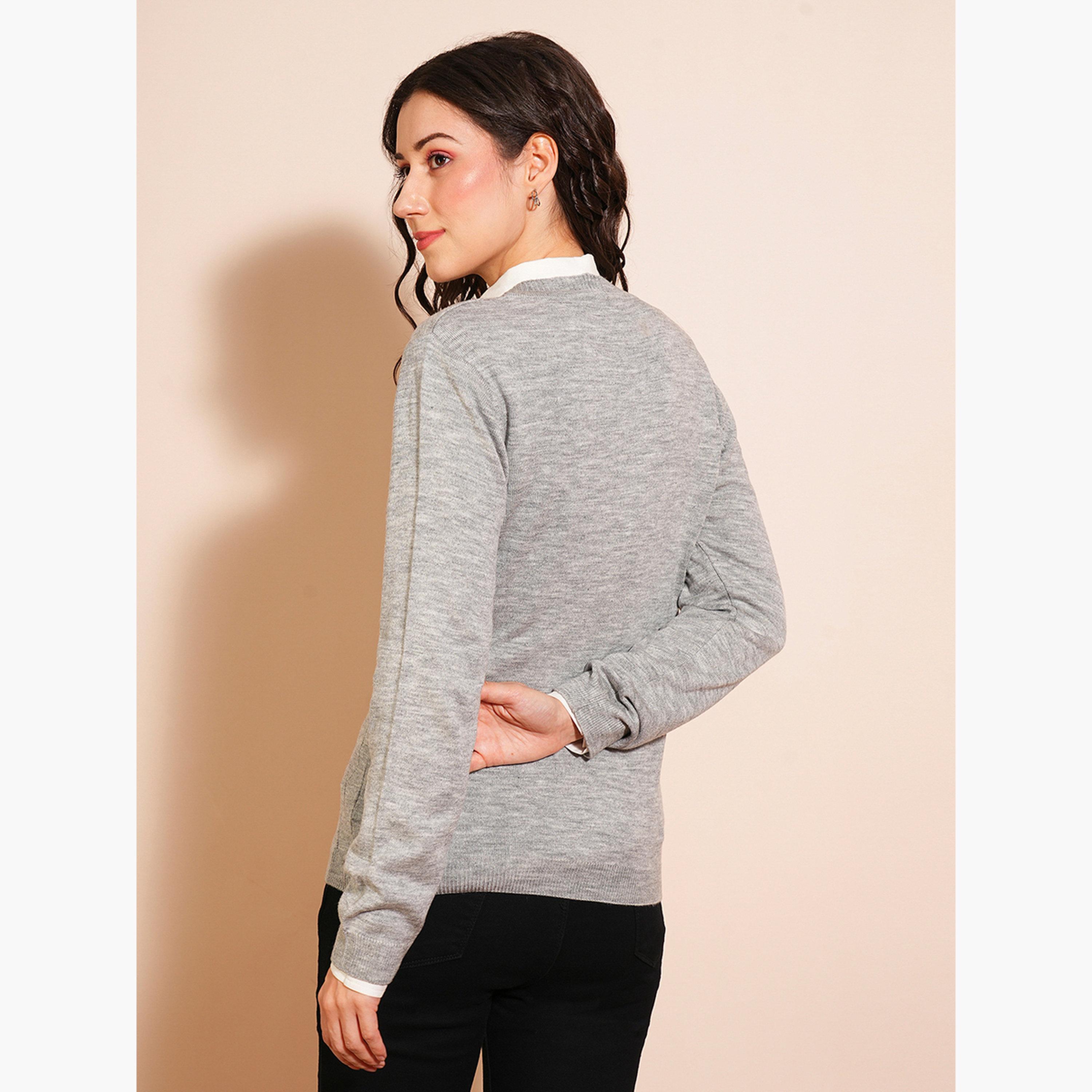 غلوبوص × ستايلي - كارديغان رمادي اللون بأكمام طويلة رقبة حرف V وحاشية مضلعة للنساء-women-winterwear-cardigansandjumpers-cardigans-image-3