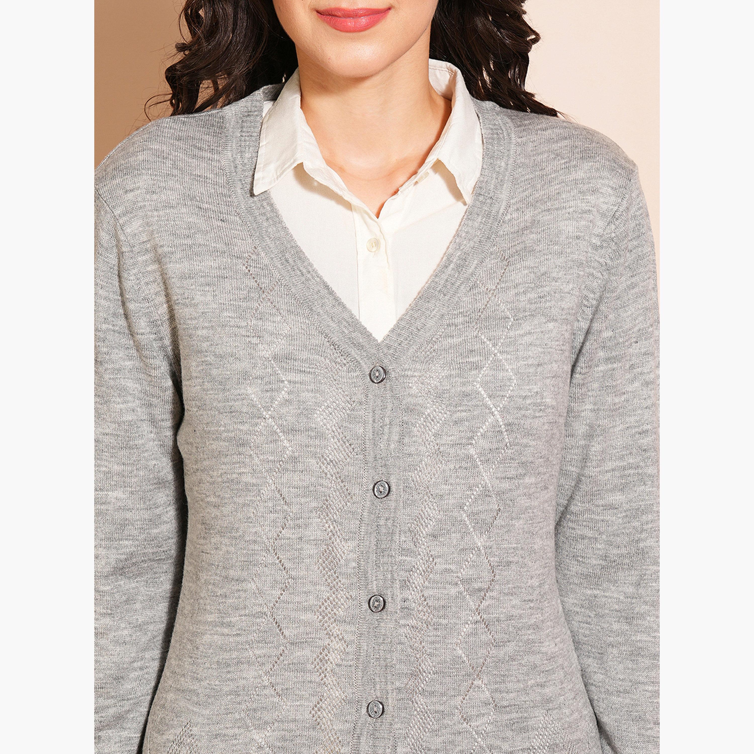 غلوبوص × ستايلي - كارديغان رمادي اللون بأكمام طويلة رقبة حرف V وحاشية مضلعة للنساء-women-winterwear-cardigansandjumpers-cardigans-image-5