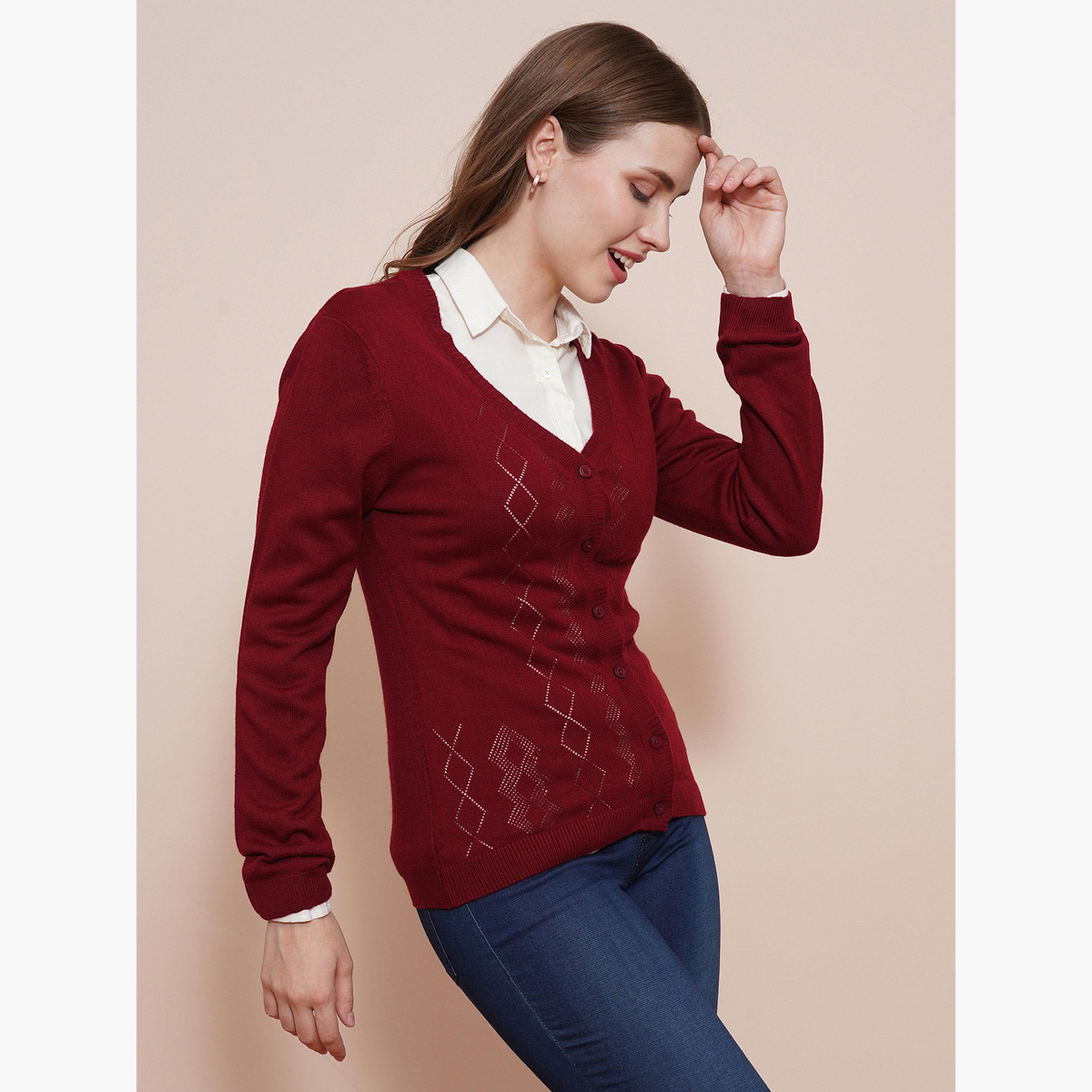 غلوبوص × ستايلي - كارديغان نسائي بأزرار رقبة حرف V أكمام طويلة وحاشية مضلعة لون مارون-women-winterwear-cardigansandjumpers-cardigans-image-1