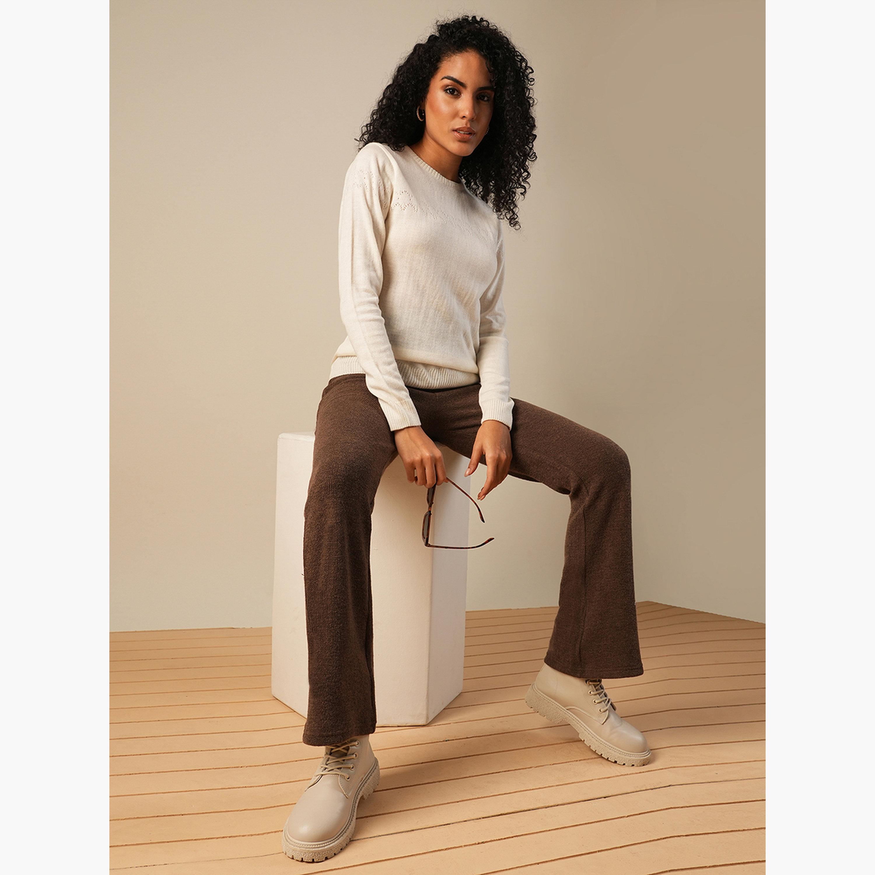 Globus X Styli Off White Ribbed Round Neck Long Sleeves Women's Sweater-women-winterwear-cardigansandjumpers-jumpers-image-2