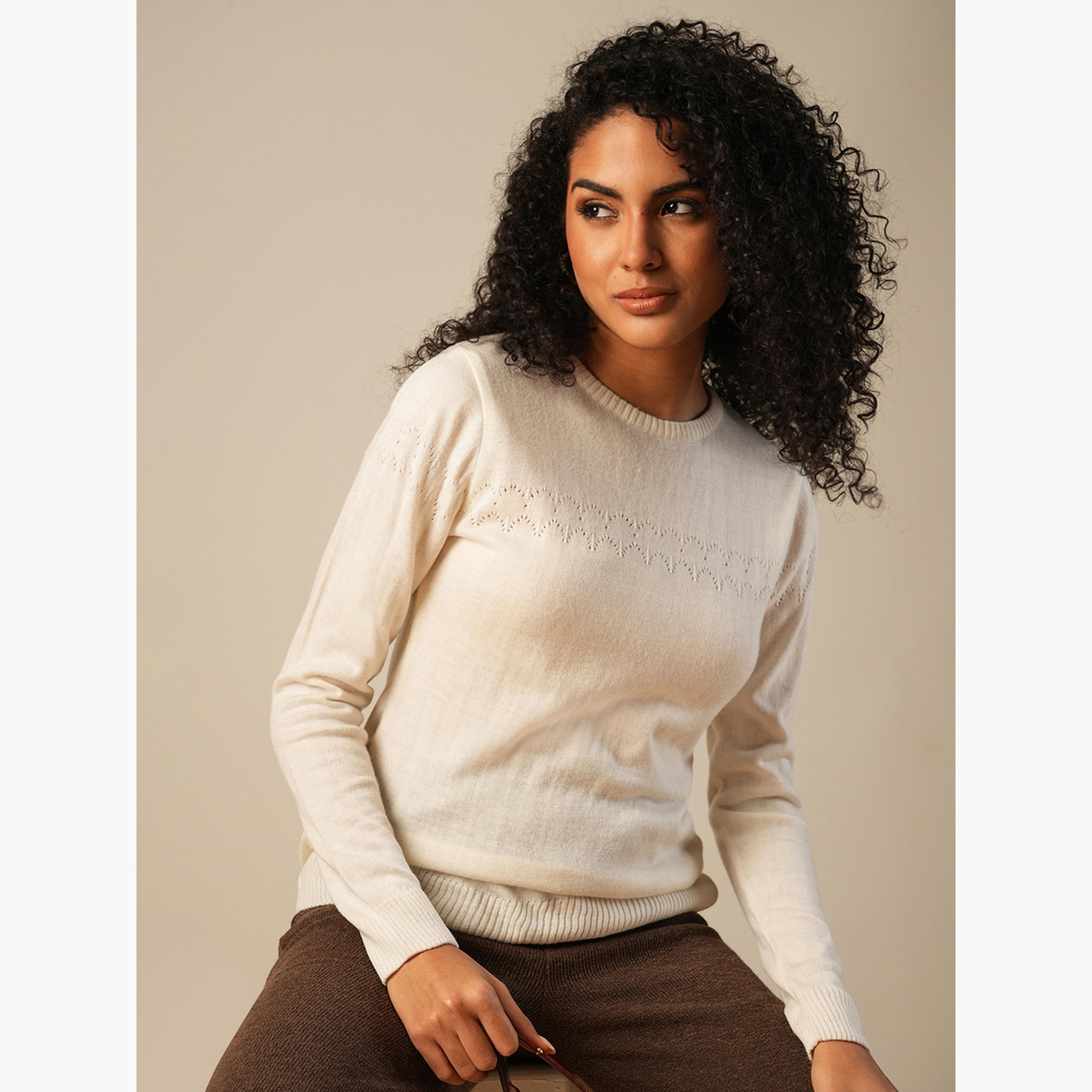 Globus X Styli Off White Ribbed Round Neck Long Sleeves Women's Sweater-women-winterwear-cardigansandjumpers-jumpers-image-4