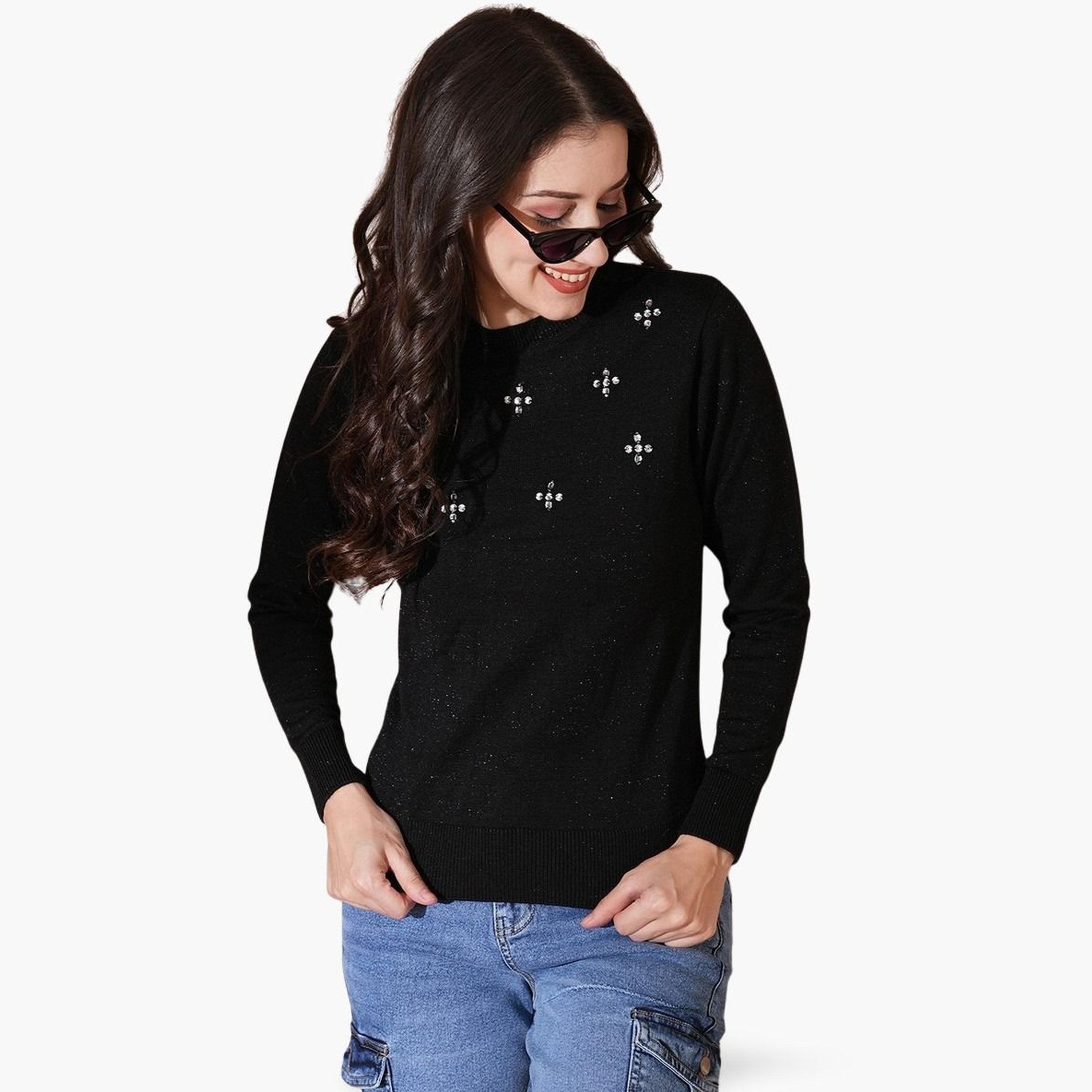 غلوبوص × ستايلي - سترة نسائية سوداء مزخرفة برقبة دائرية وأكمام طويلة-women-winterwear-cardigansandjumpers-jumpers-image-1