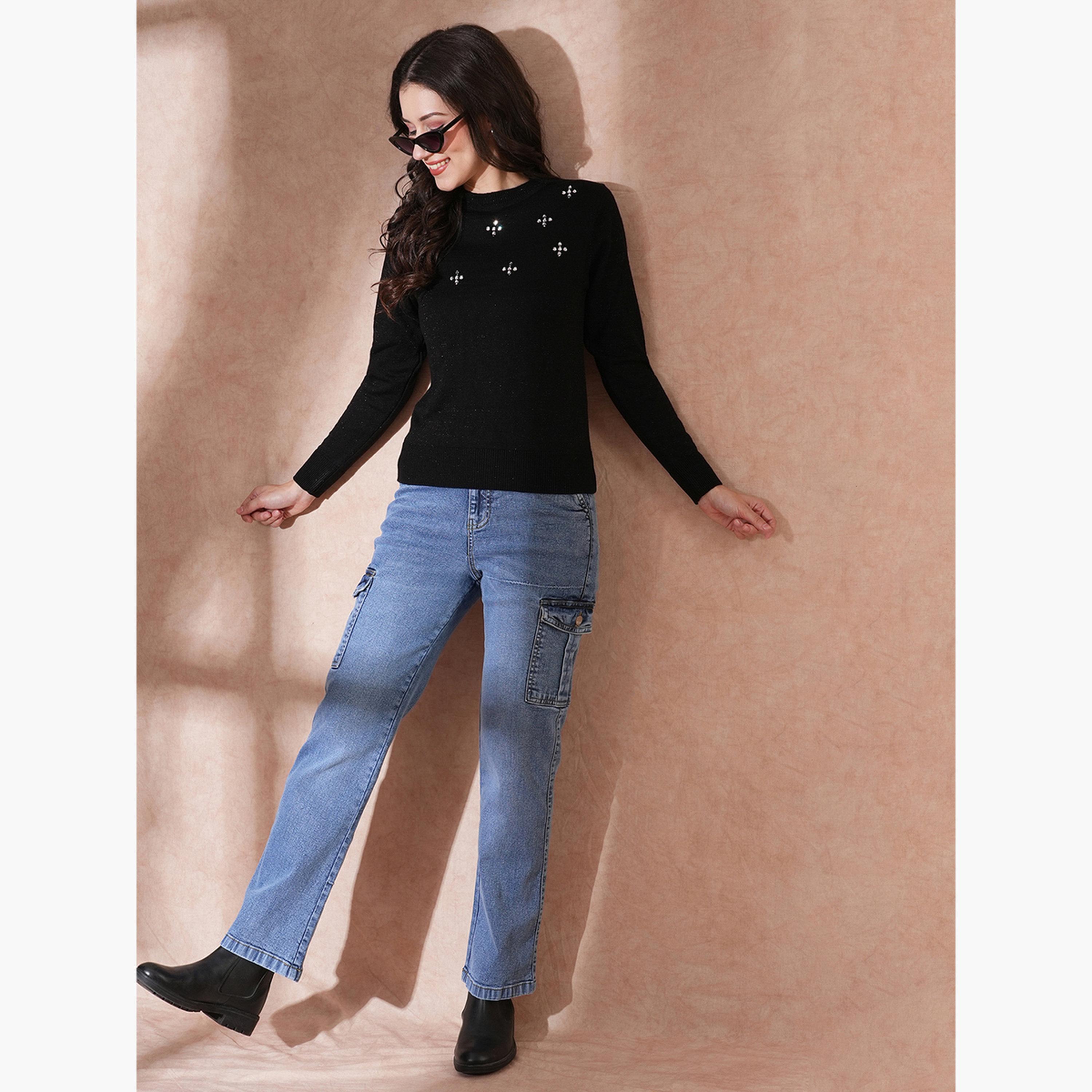 غلوبوص × ستايلي - سترة نسائية سوداء مزخرفة برقبة دائرية وأكمام طويلة-women-winterwear-cardigansandjumpers-jumpers-image-2