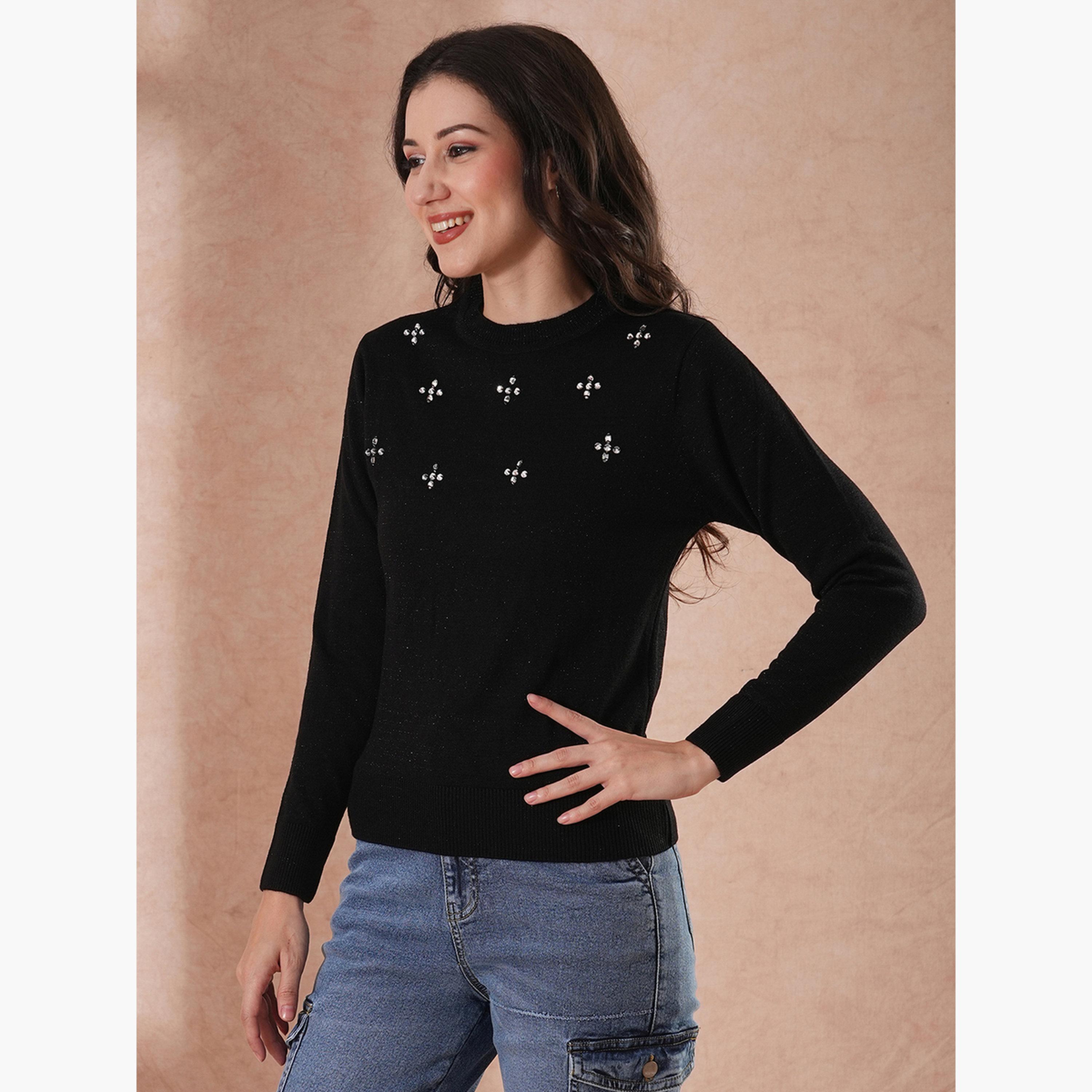 غلوبوص × ستايلي - سترة نسائية سوداء مزخرفة برقبة دائرية وأكمام طويلة-women-winterwear-cardigansandjumpers-jumpers-image-4