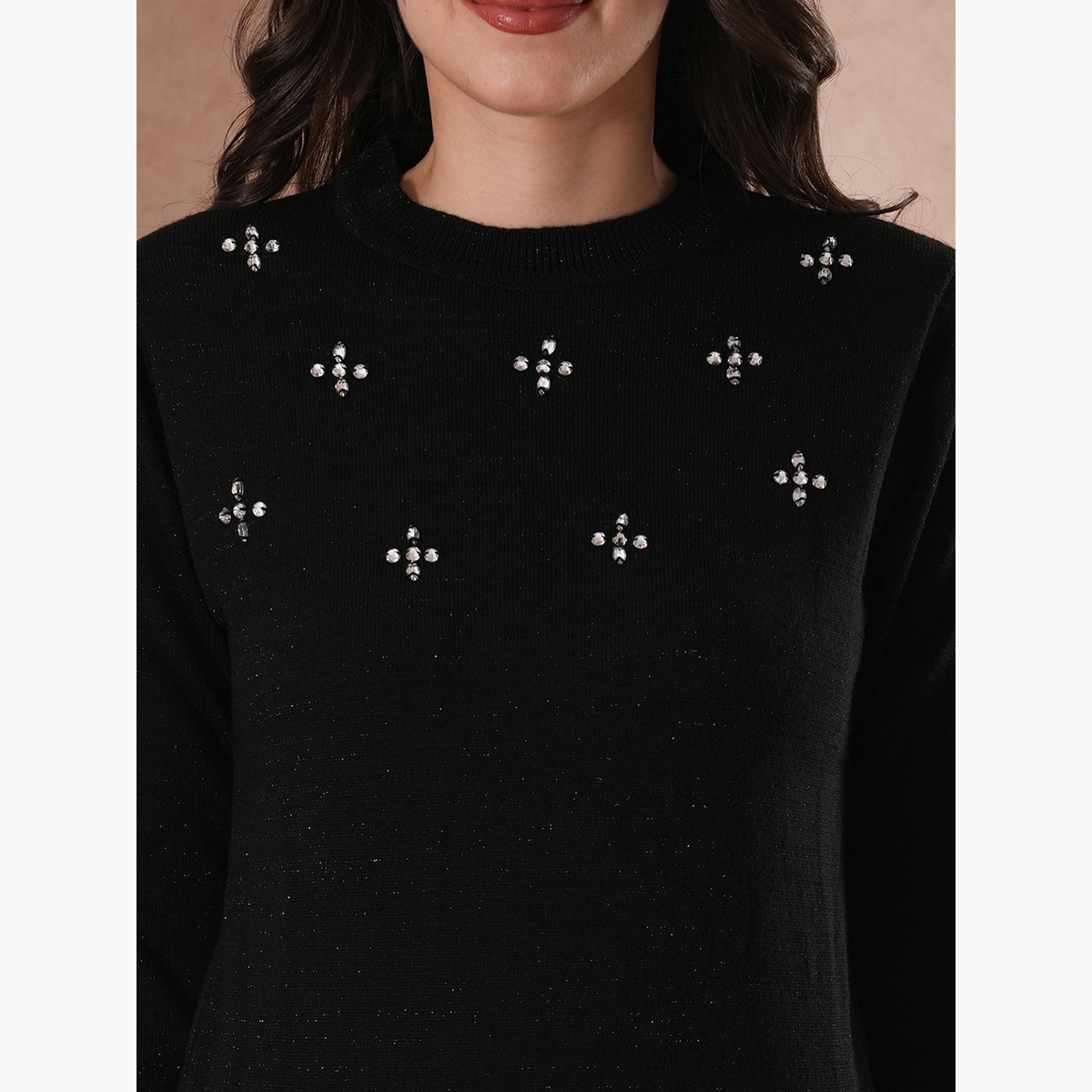 غلوبوص × ستايلي - سترة نسائية سوداء مزخرفة برقبة دائرية وأكمام طويلة-women-winterwear-cardigansandjumpers-jumpers-image-5
