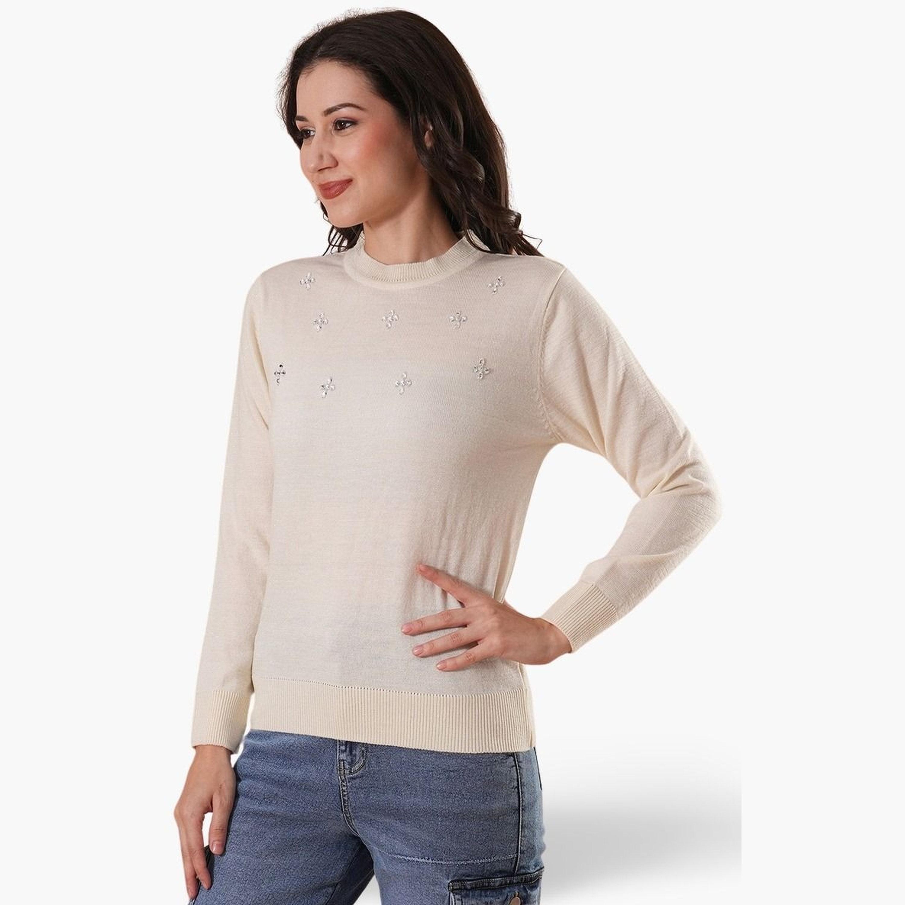 Globus X Styli White Embellished Round Neck Long Sleeves Women's Sweater-women-winterwear-cardigansandjumpers-jumpers-image-1