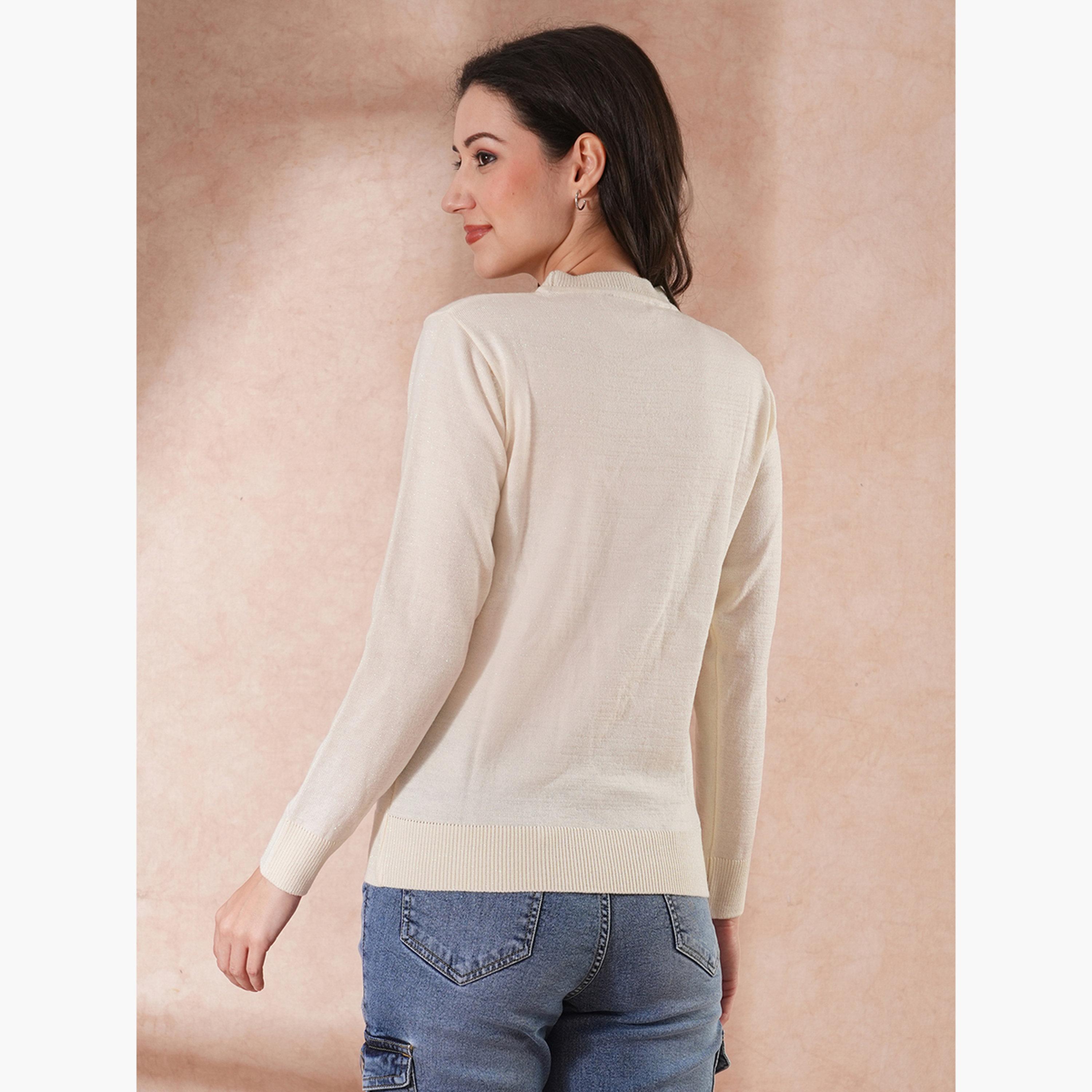 Globus X Styli White Embellished Round Neck Long Sleeves Women's Sweater-women-winterwear-cardigansandjumpers-jumpers-image-3