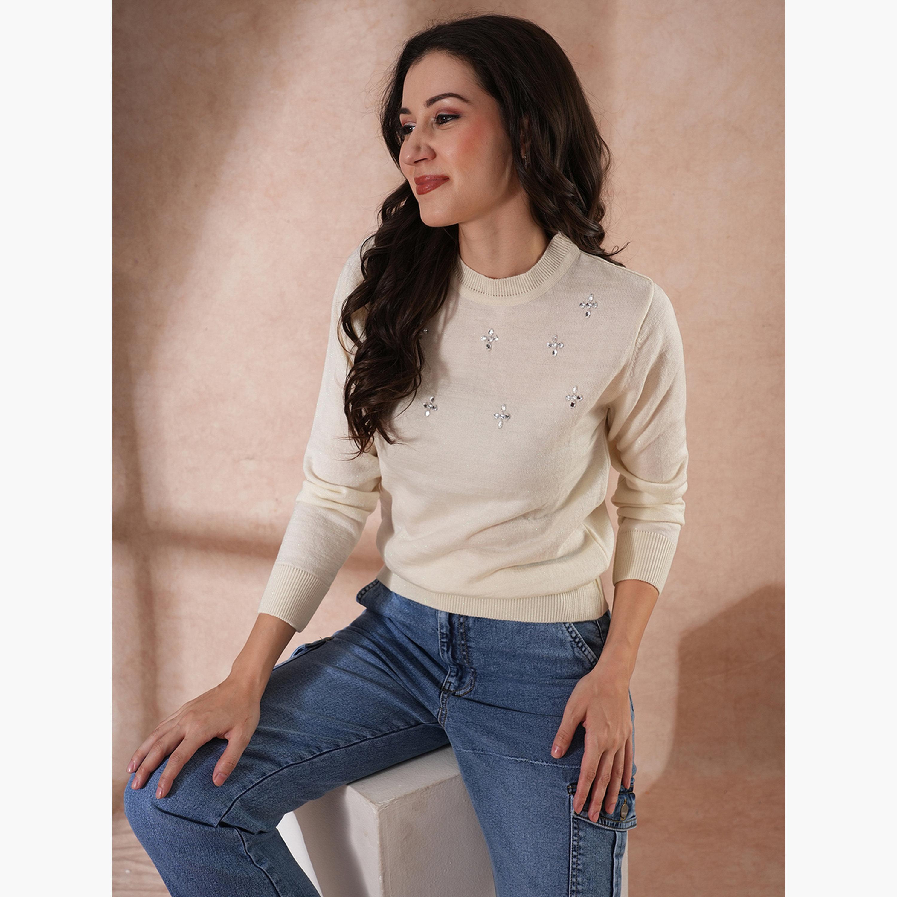 Globus X Styli White Embellished Round Neck Long Sleeves Women's Sweater-women-winterwear-cardigansandjumpers-jumpers-image-4