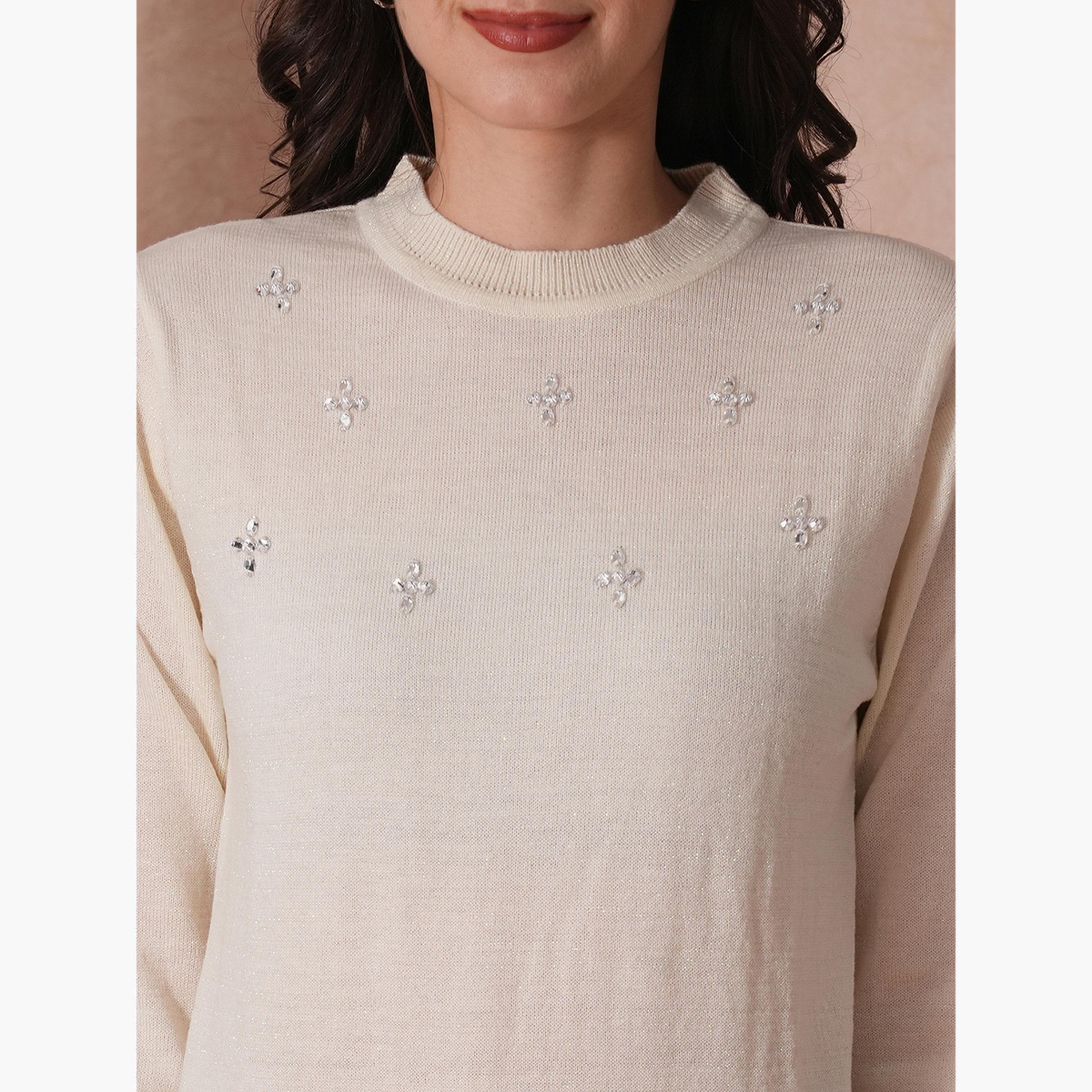 Globus X Styli White Embellished Round Neck Long Sleeves Women's Sweater-women-winterwear-cardigansandjumpers-jumpers-image-5