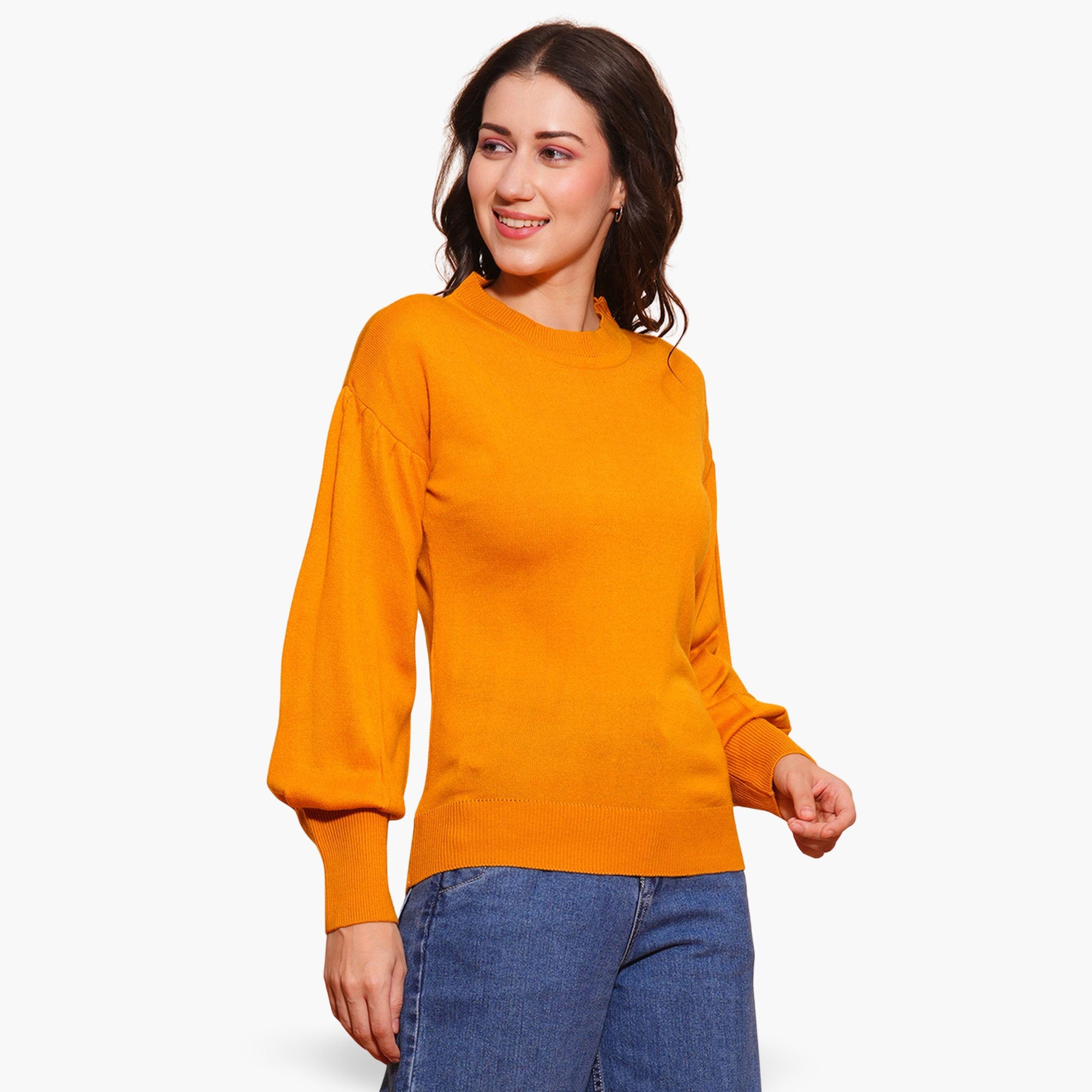 Globus X Styli Mustard Cotton Ribbed Round Neck Long Sleeves Women's Sweater-women-winterwear-cardigansandjumpers-jumpers-image-1
