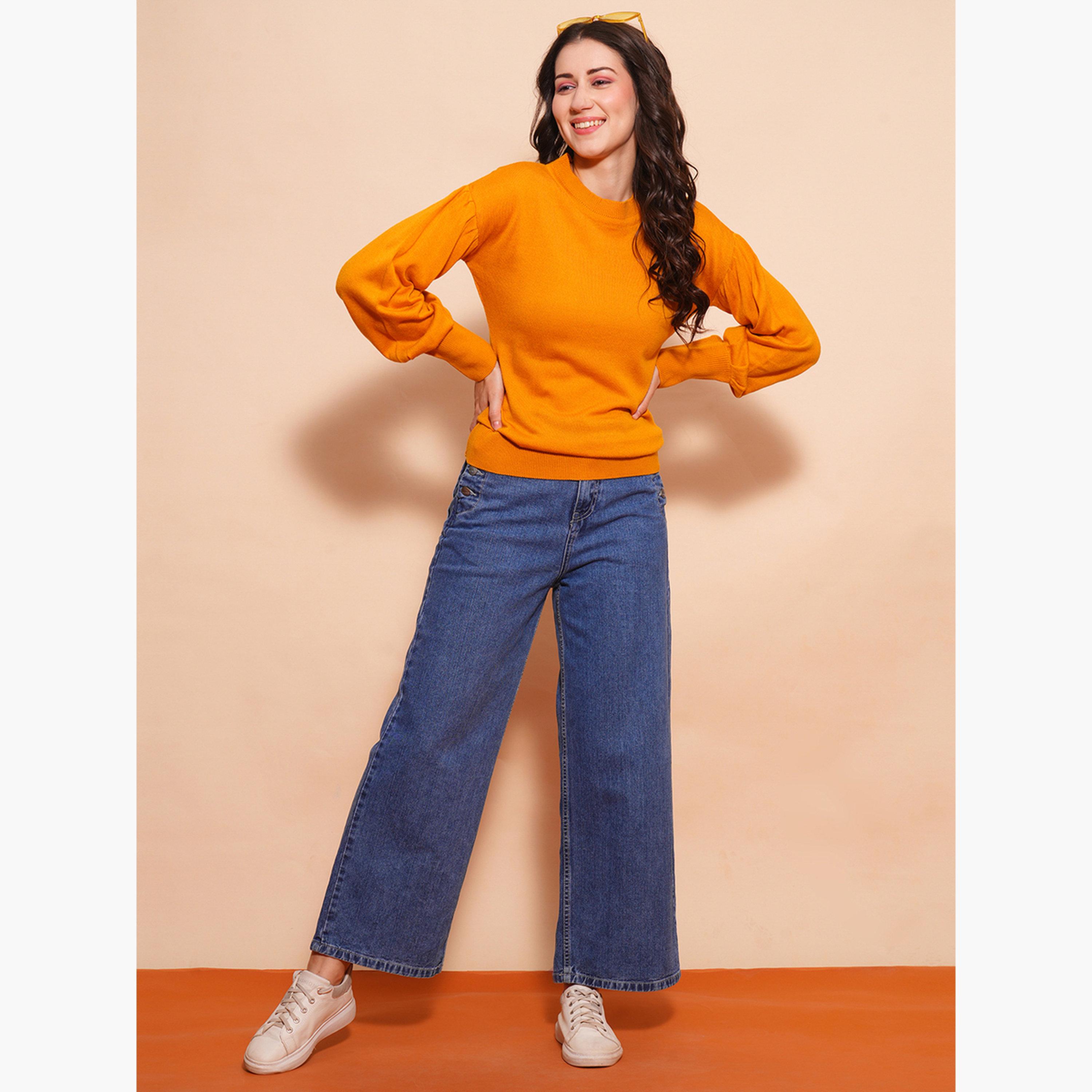 Globus X Styli Mustard Cotton Ribbed Round Neck Long Sleeves Women's Sweater-women-winterwear-cardigansandjumpers-jumpers-image-2