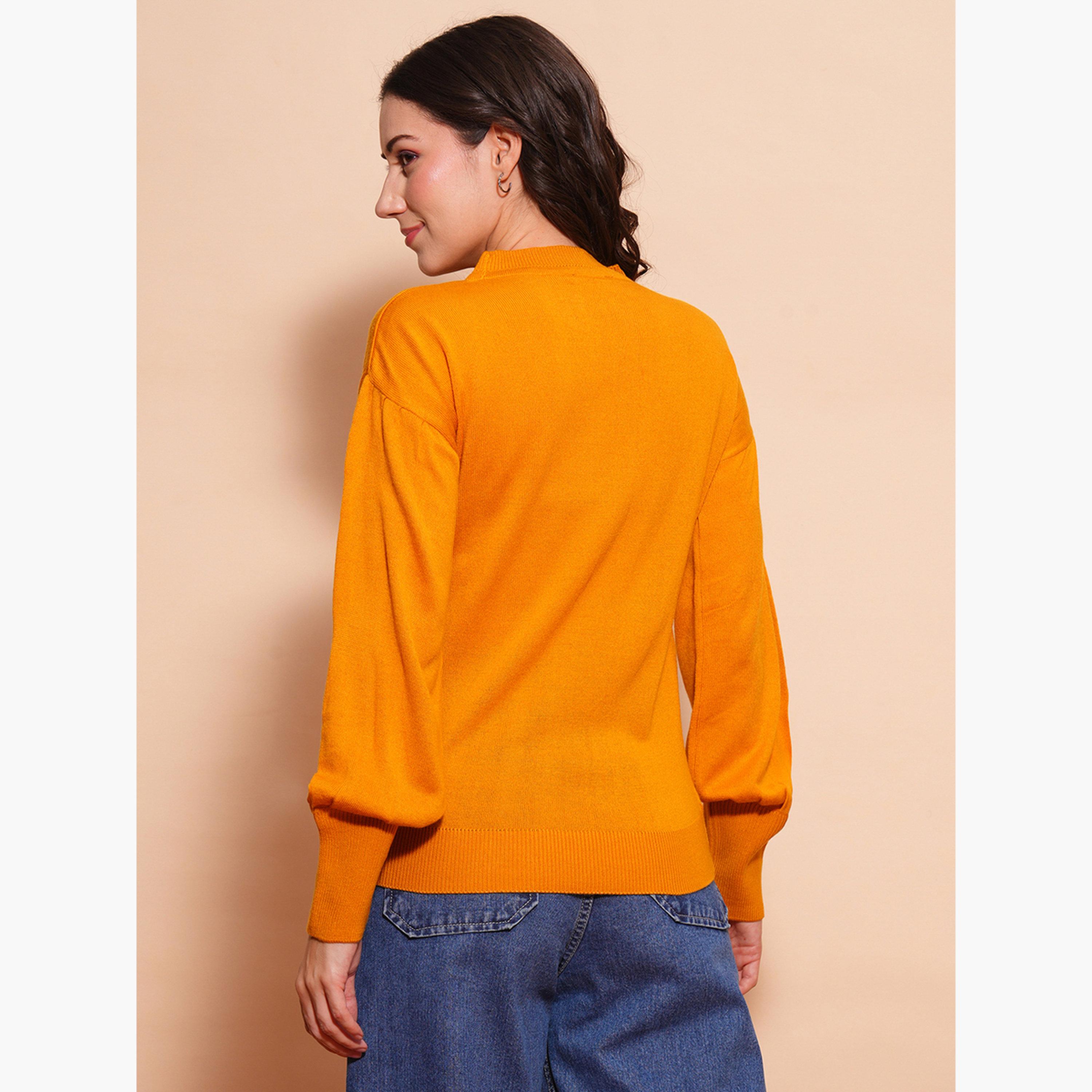 Globus X Styli Mustard Cotton Ribbed Round Neck Long Sleeves Women's Sweater-women-winterwear-cardigansandjumpers-jumpers-image-3