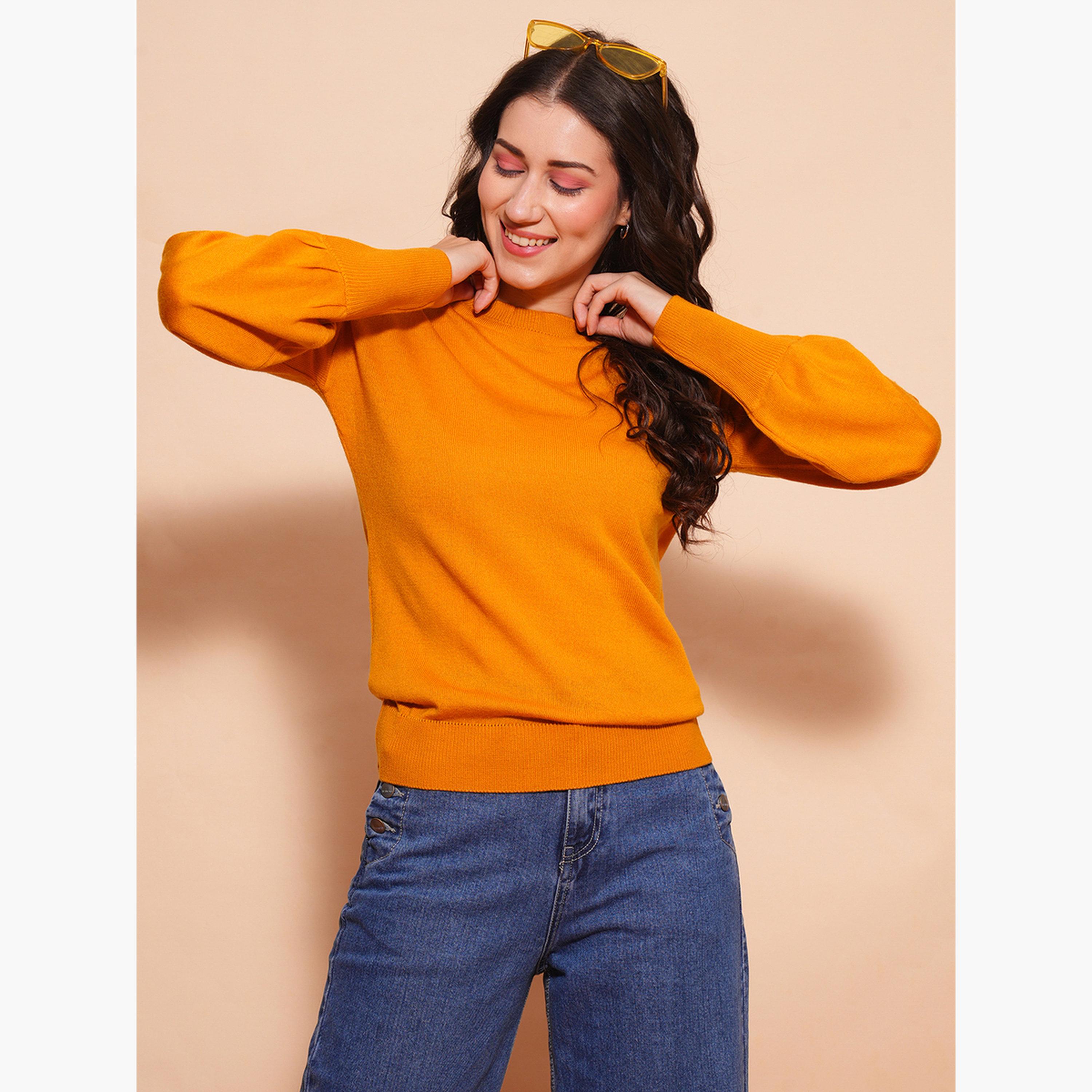 Globus X Styli Mustard Cotton Ribbed Round Neck Long Sleeves Women's Sweater-women-winterwear-cardigansandjumpers-jumpers-image-4