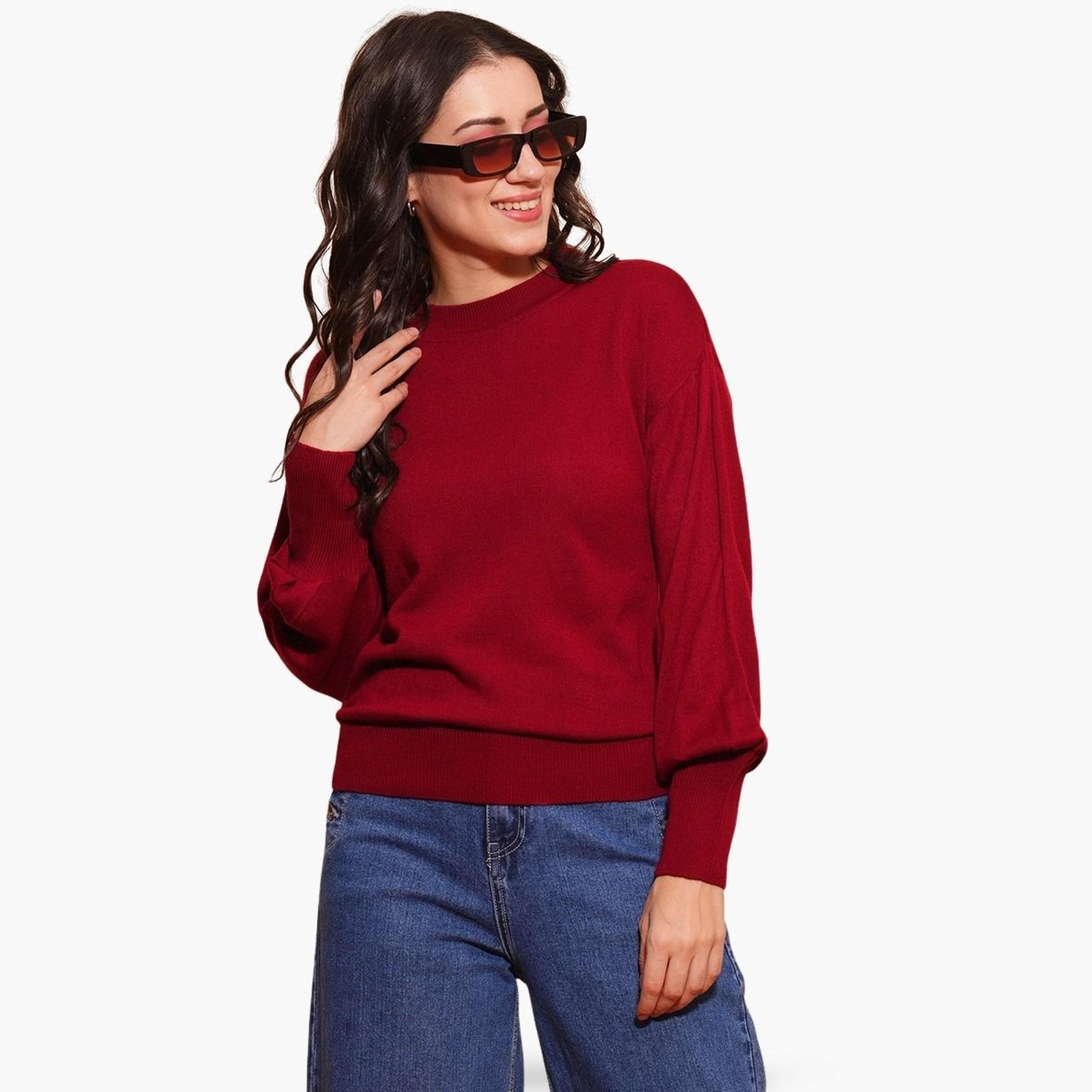 غلوبوص × ستايلي - سترة نسائية من القطن لون مارون بأكمام طويلة وياقة مستديرة مضلعة-women-winterwear-cardigansandjumpers-jumpers-image-1