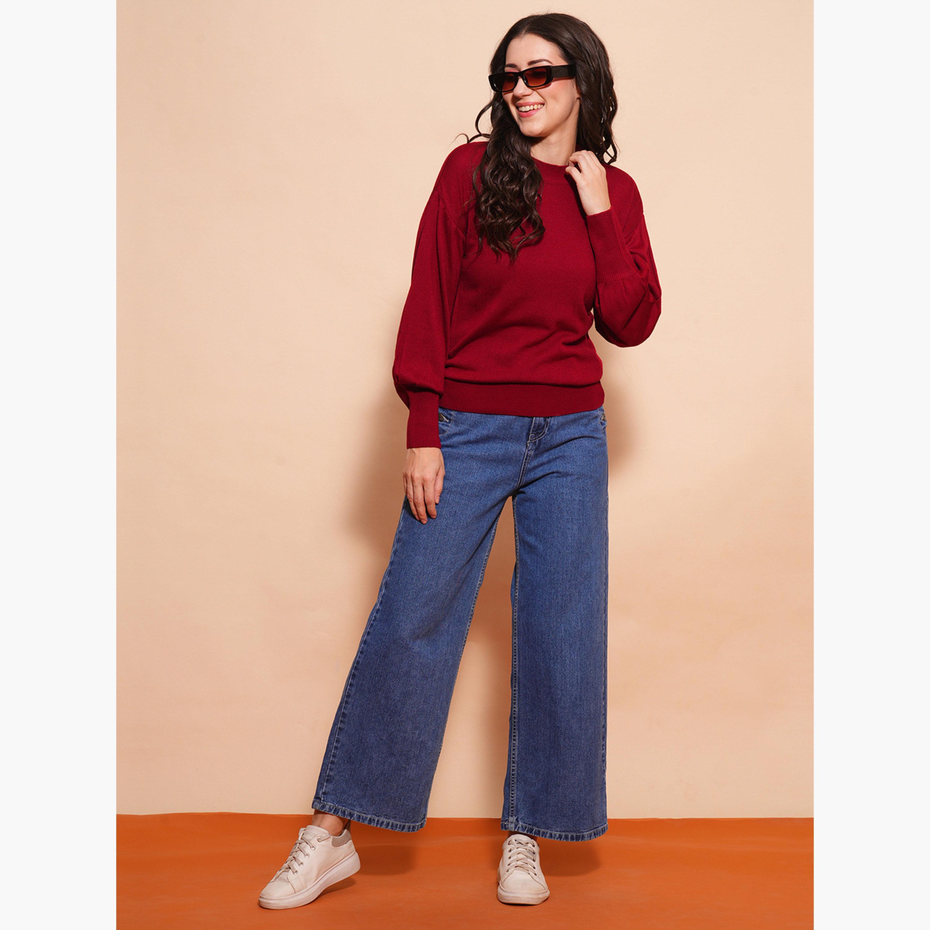 غلوبوص × ستايلي - سترة نسائية من القطن لون مارون بأكمام طويلة وياقة مستديرة مضلعة-women-winterwear-cardigansandjumpers-jumpers-image-2