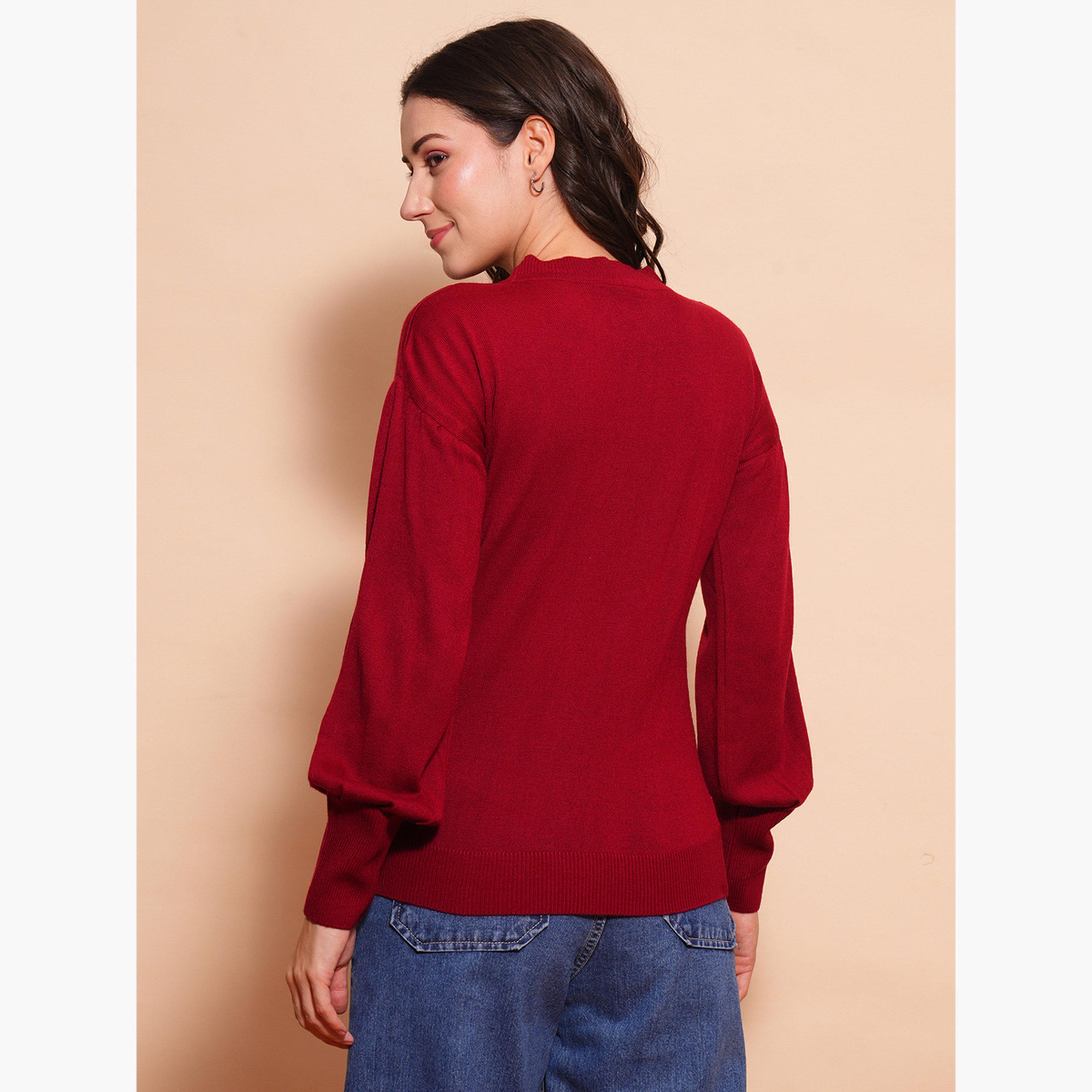 غلوبوص × ستايلي - سترة نسائية من القطن لون مارون بأكمام طويلة وياقة مستديرة مضلعة-women-winterwear-cardigansandjumpers-jumpers-image-3