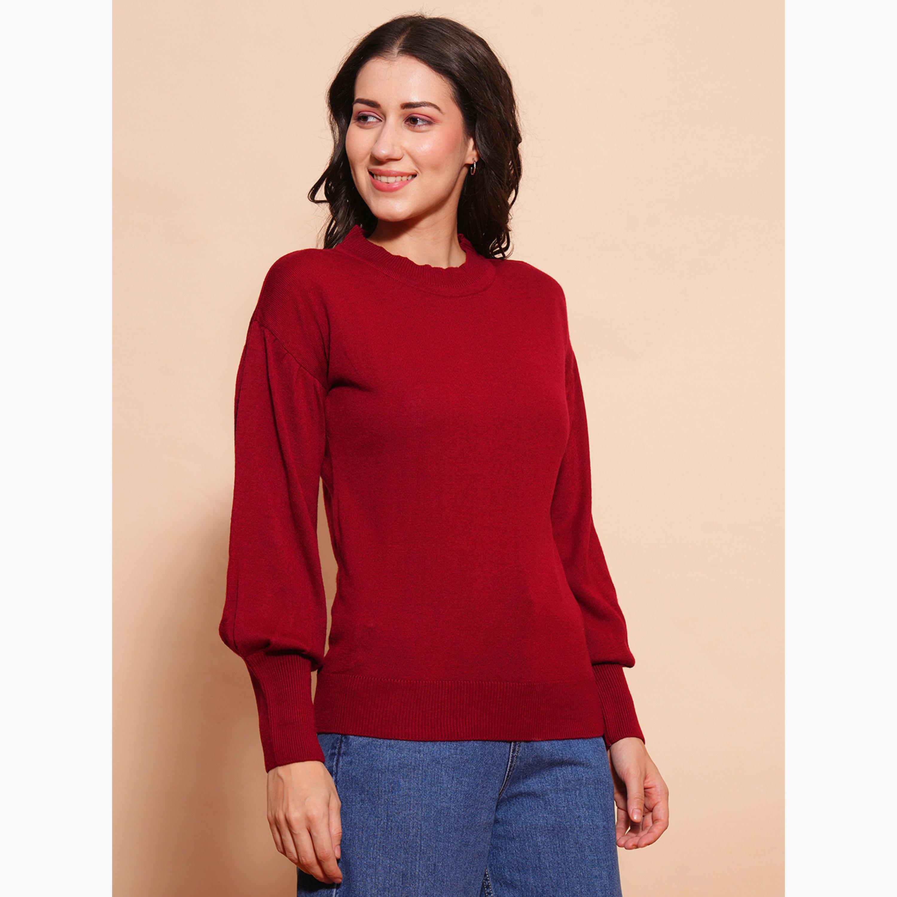 غلوبوص × ستايلي - سترة نسائية من القطن لون مارون بأكمام طويلة وياقة مستديرة مضلعة-women-winterwear-cardigansandjumpers-jumpers-image-4