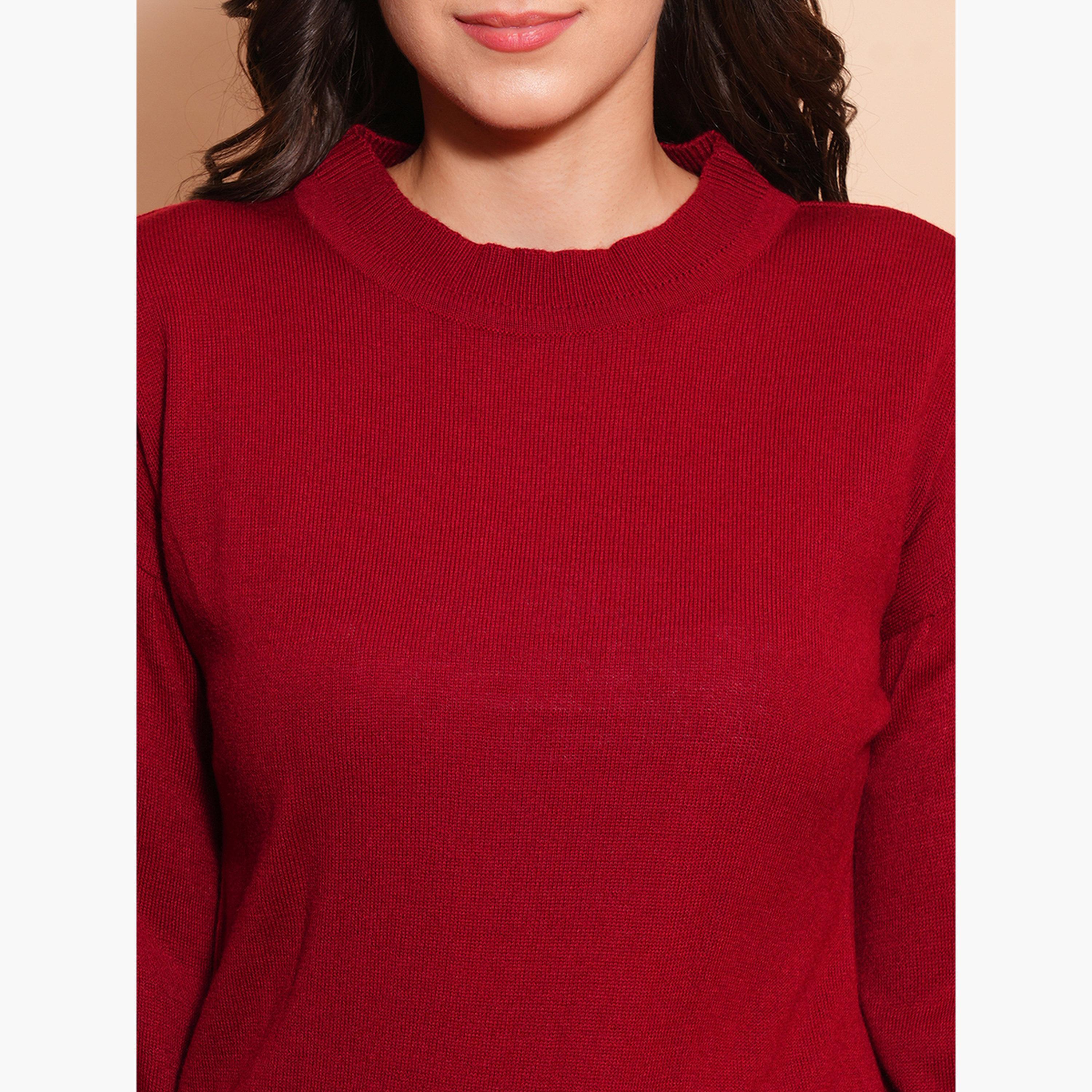غلوبوص × ستايلي - سترة نسائية من القطن لون مارون بأكمام طويلة وياقة مستديرة مضلعة-women-winterwear-cardigansandjumpers-jumpers-image-5