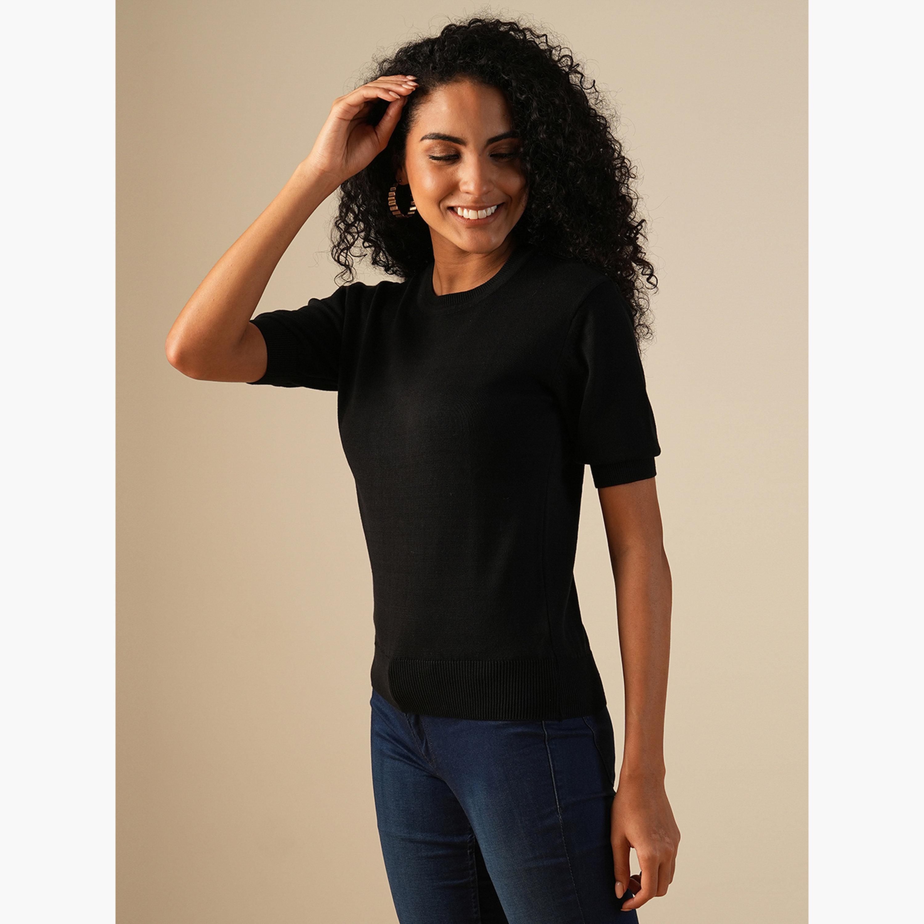 غلوبوص × ستايلي - سترة نسائية سوداء محبوكة برقبة دائرية وأكمام قصيرة-women-clothing-hoodiesandsweatshirts-sweatshirts-image-1
