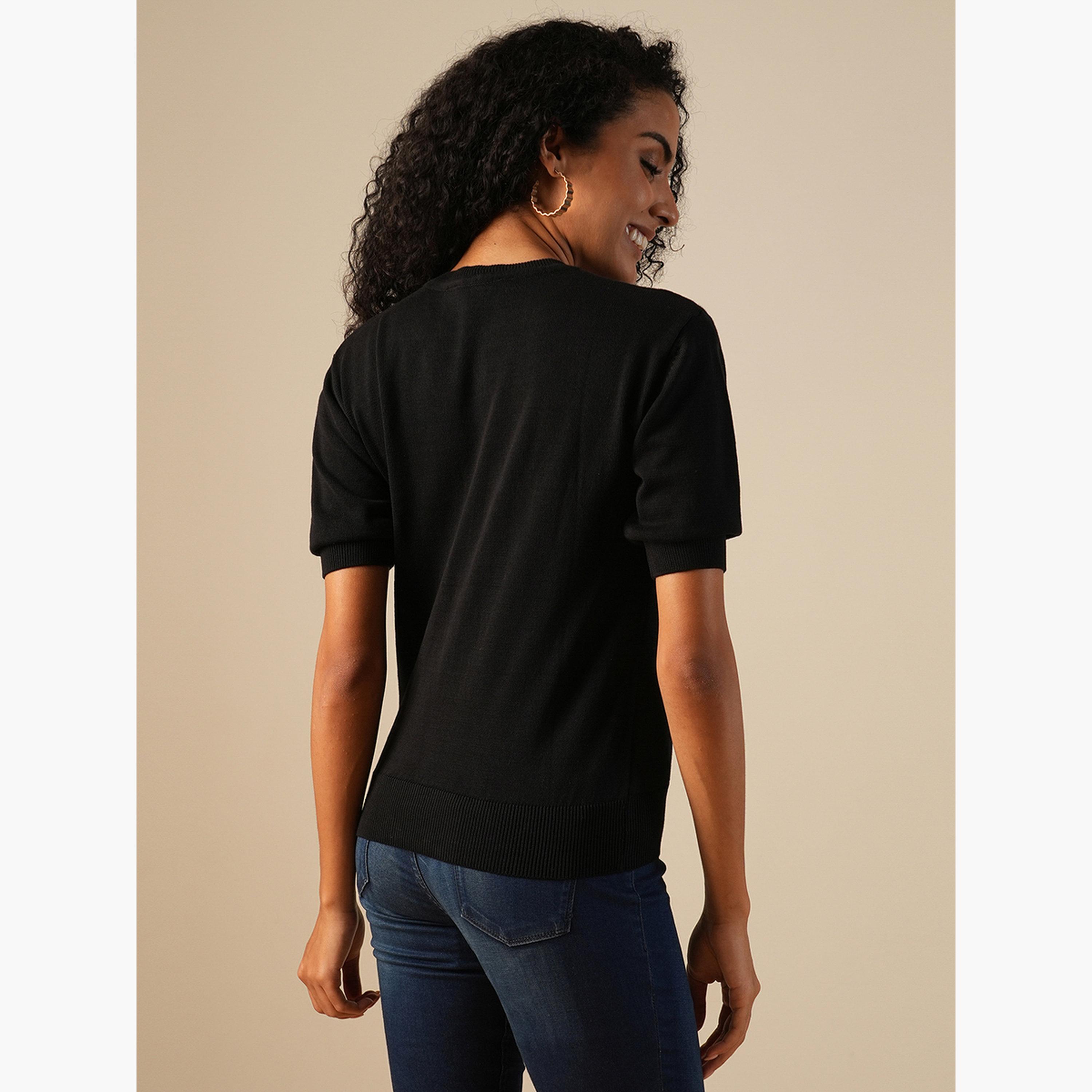 غلوبوص × ستايلي - سترة نسائية سوداء محبوكة برقبة دائرية وأكمام قصيرة-women-clothing-hoodiesandsweatshirts-sweatshirts-image-3