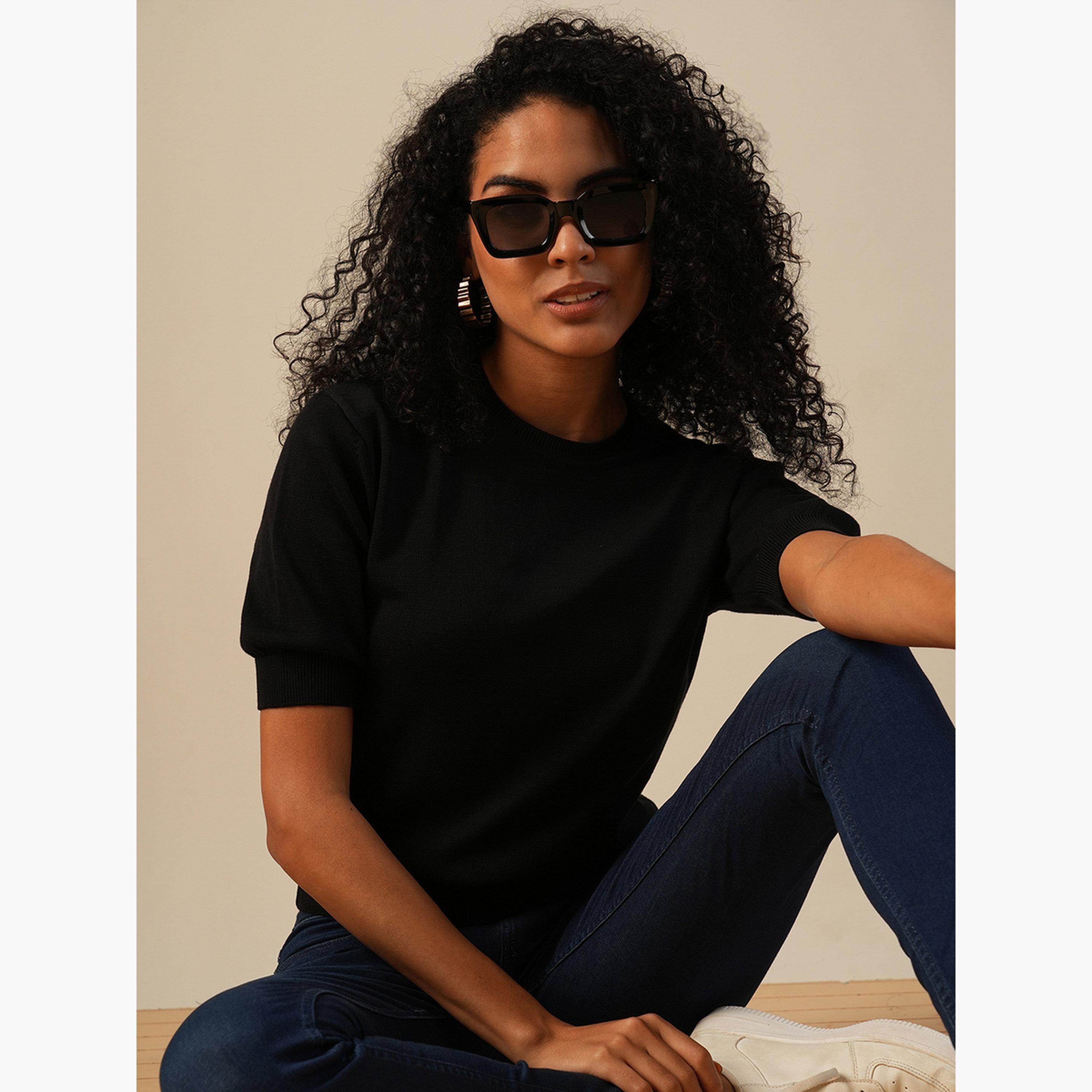 غلوبوص × ستايلي - سترة نسائية سوداء محبوكة برقبة دائرية وأكمام قصيرة-women-clothing-hoodiesandsweatshirts-sweatshirts-image-4